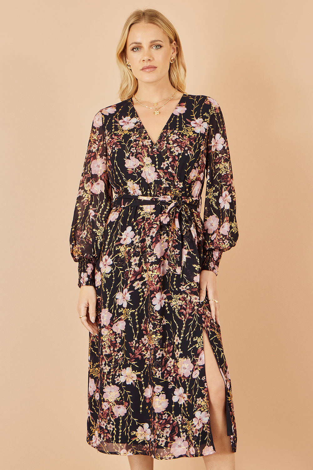 Yumi Black Foiled Floral Print Wrap Midi Dress Dress Occasion Yumi