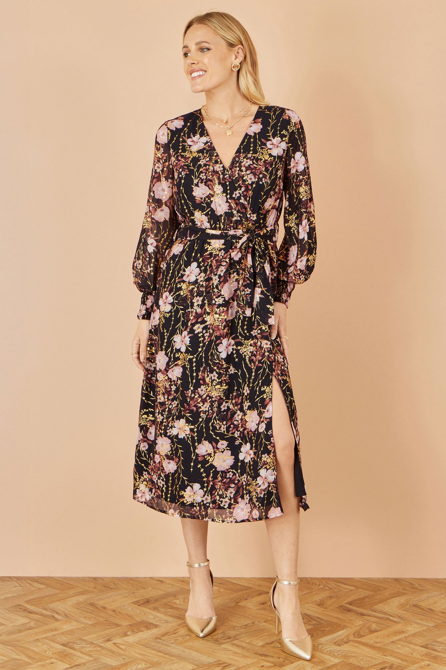 Yumi Black Foiled Floral Print Wrap Midi Dress Dress Occasion Yumi