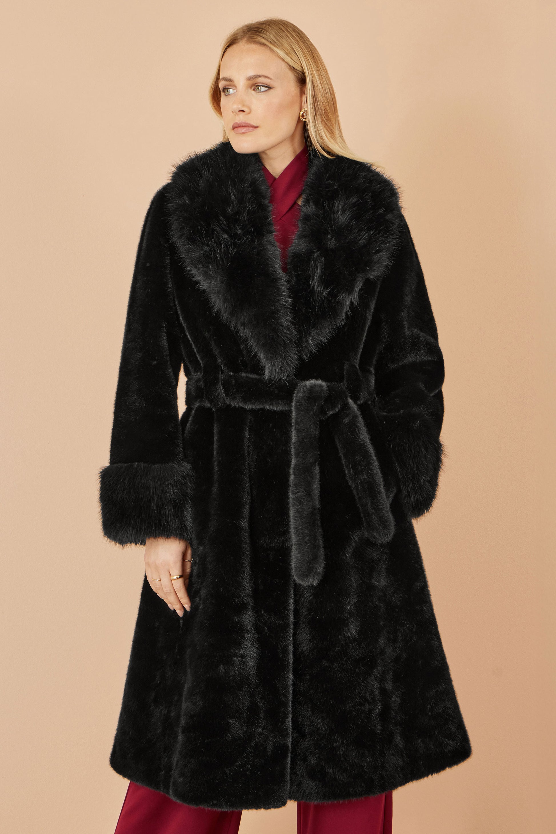 Yumi Black Wrap Faux Fur Coat With Oversize Collar COAT Yumi