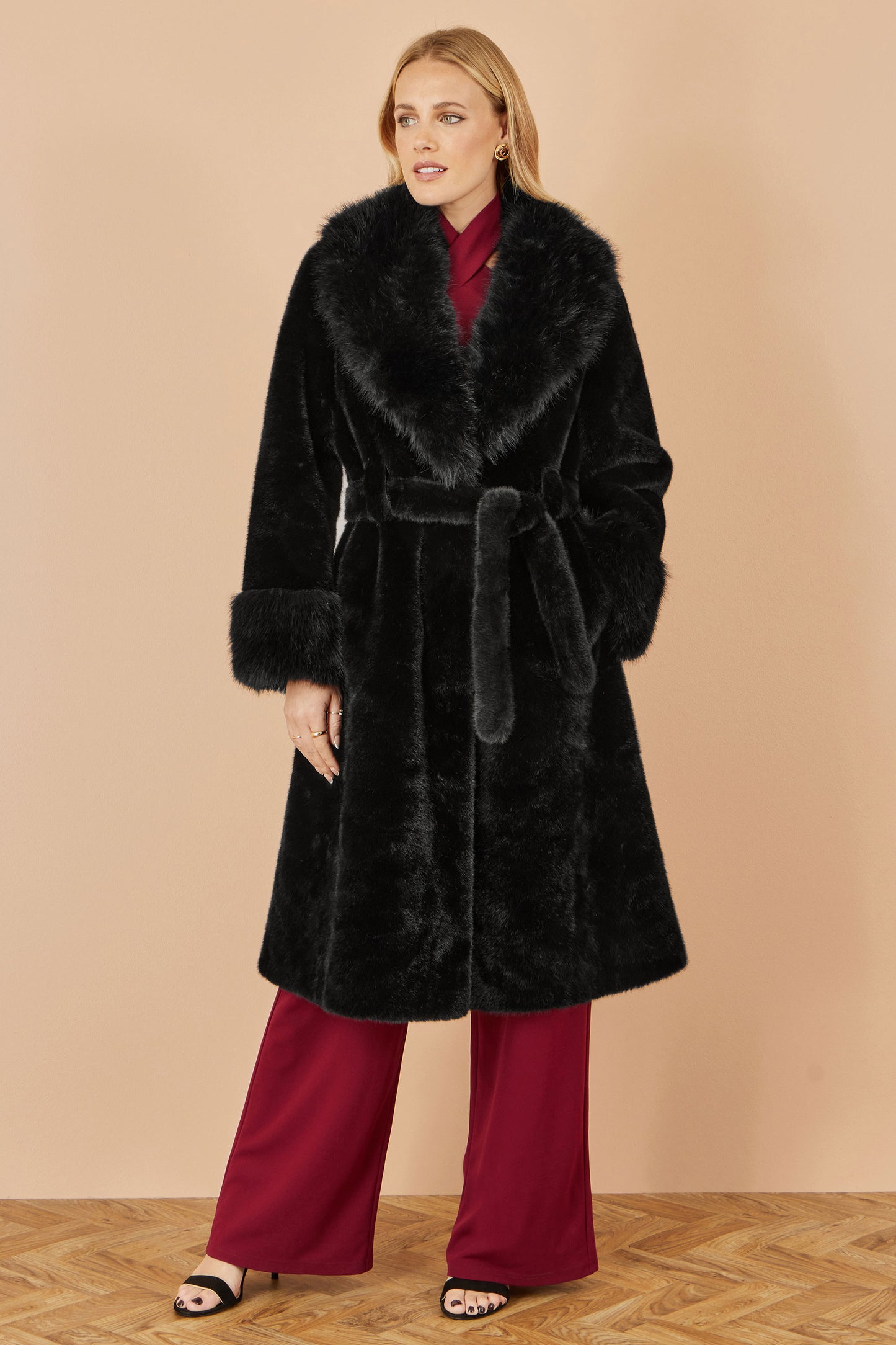 Yumi Black Wrap Faux Fur Coat With Oversize Collar COAT Yumi