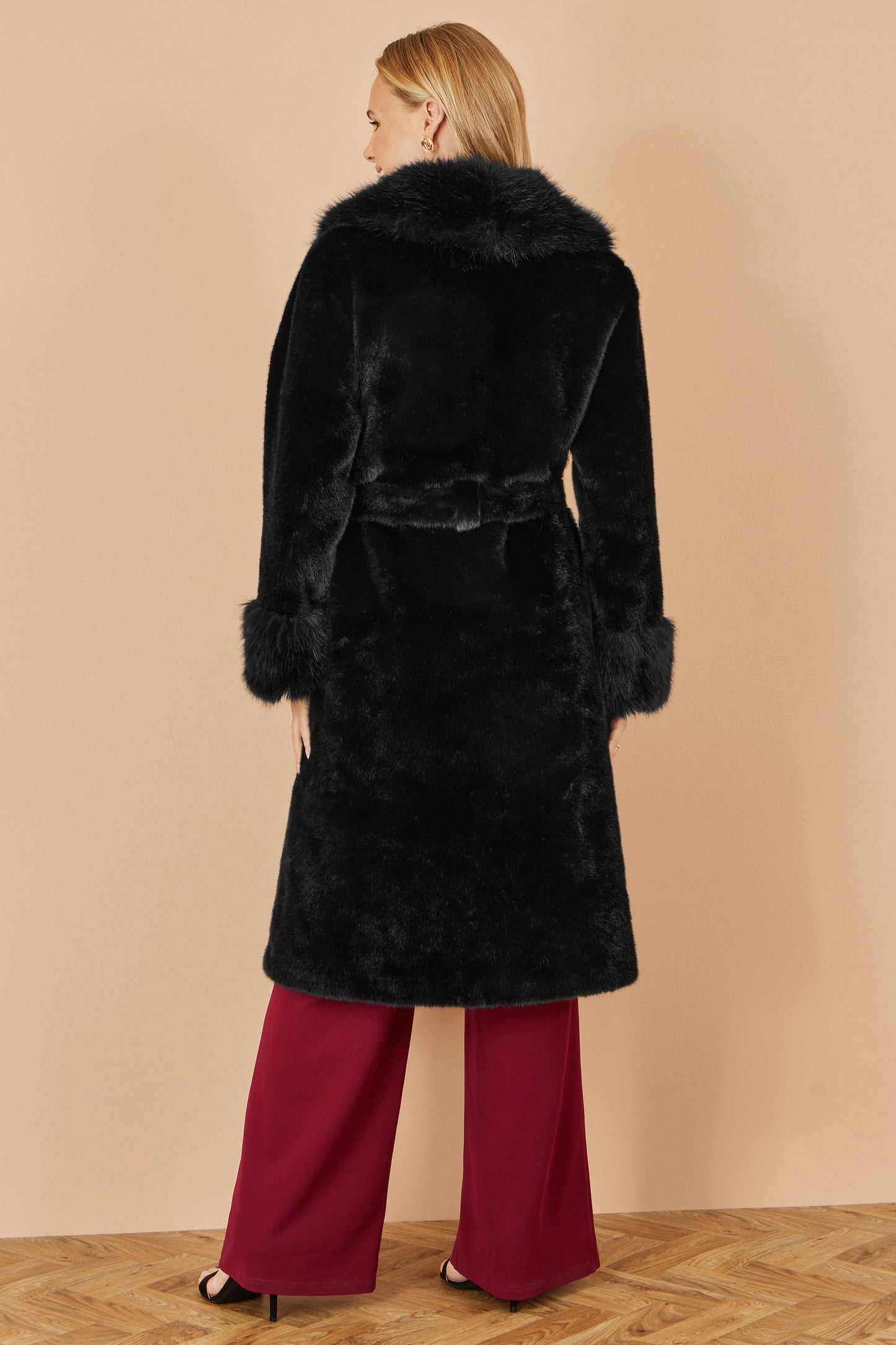 Yumi Black Wrap Faux Fur Coat With Oversize Collar COAT Yumi
