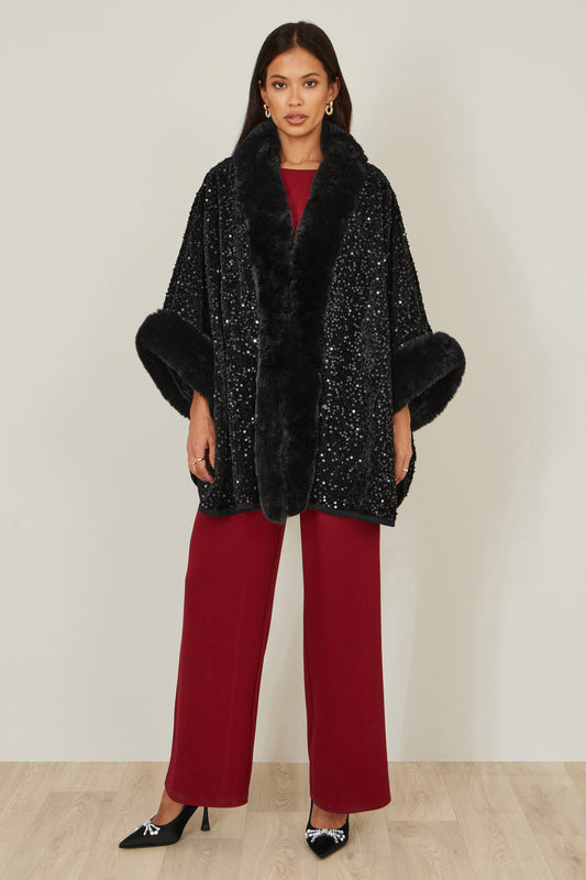 Yumi Black Sequin Cape with Faux Fur Trim and Lining CAPE Yumi