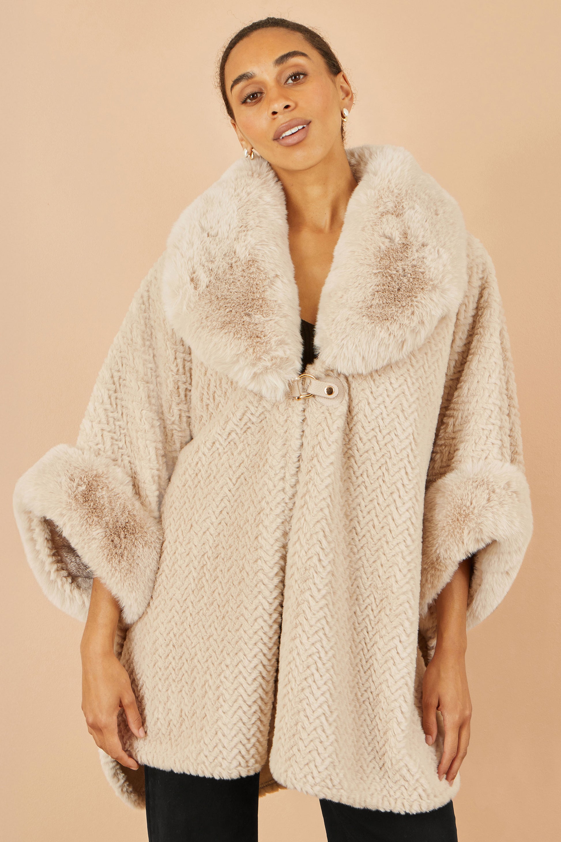 Yumi Beige Textured Fur Lined Cape CAPE Yumi