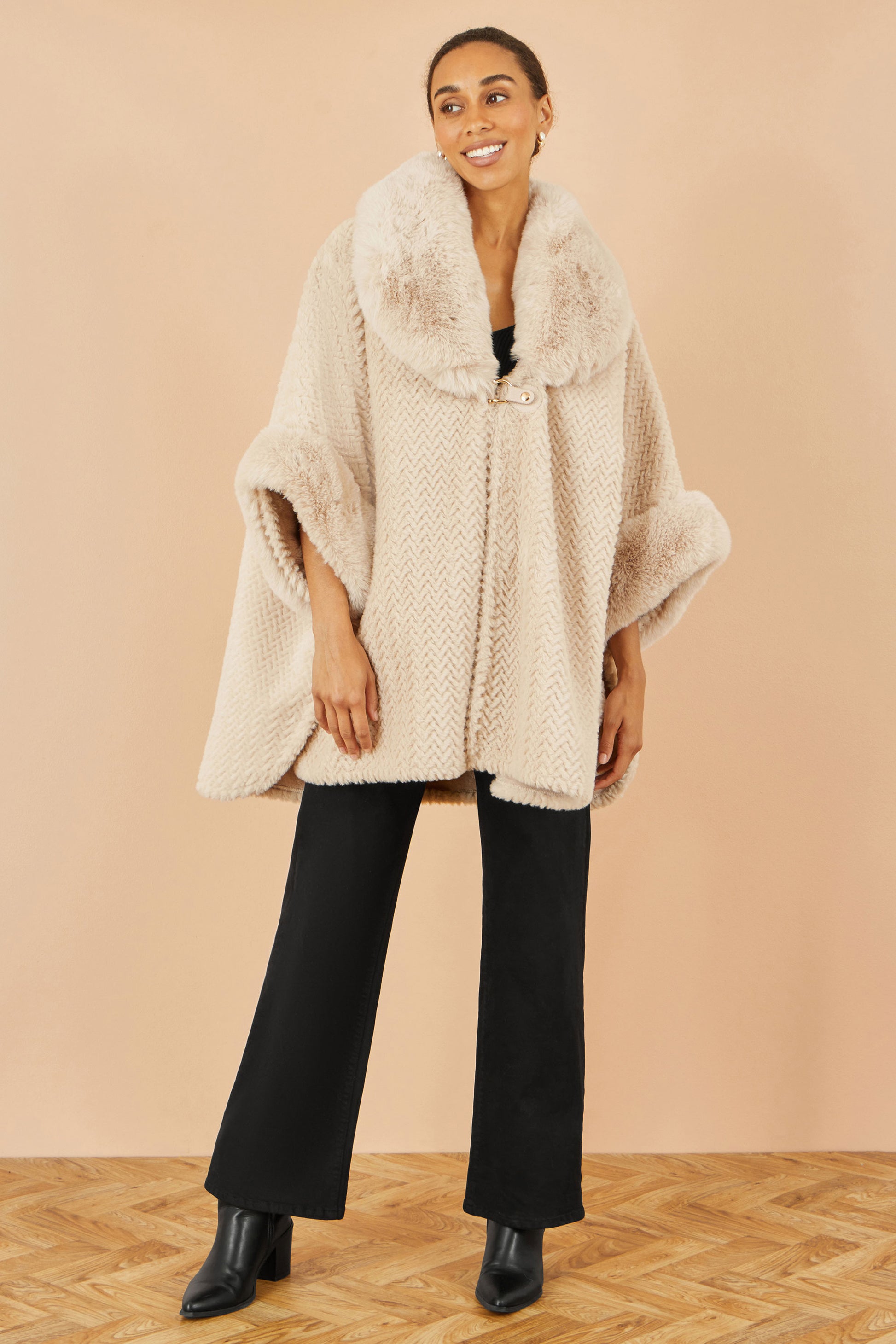 Yumi Beige Textured Fur Lined Cape CAPE Yumi