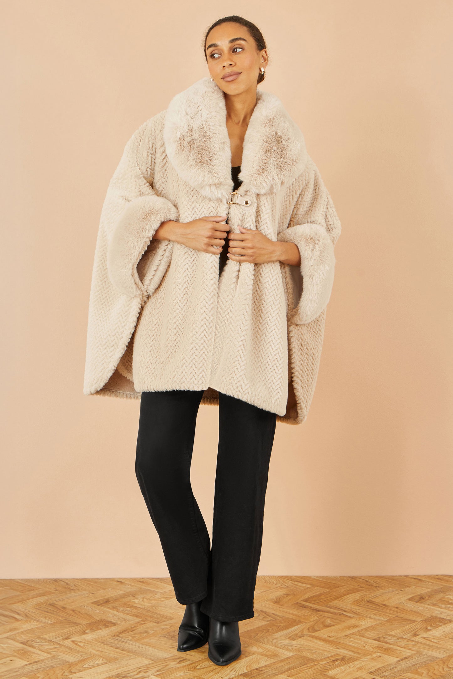 Yumi Beige Textured Fur Lined Cape CAPE Yumi