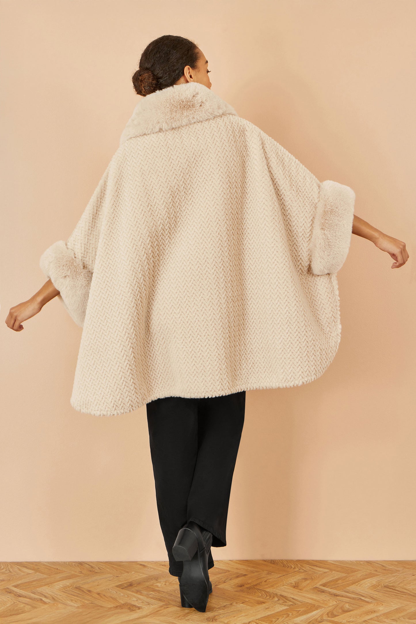 Yumi Beige Textured Fur Lined Cape CAPE Yumi