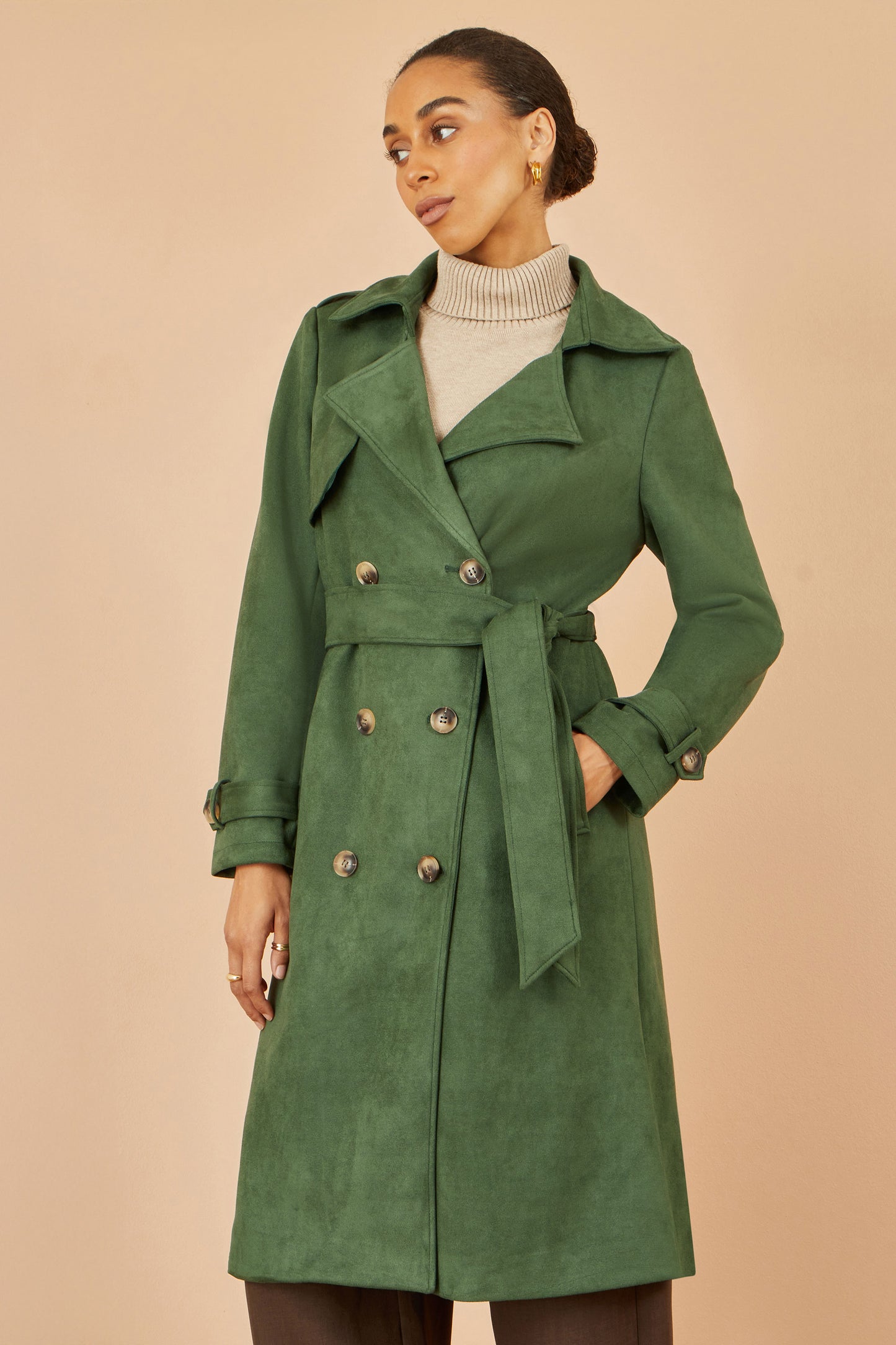 Yumi Green Faux Suede Trench Coat COAT Yumi