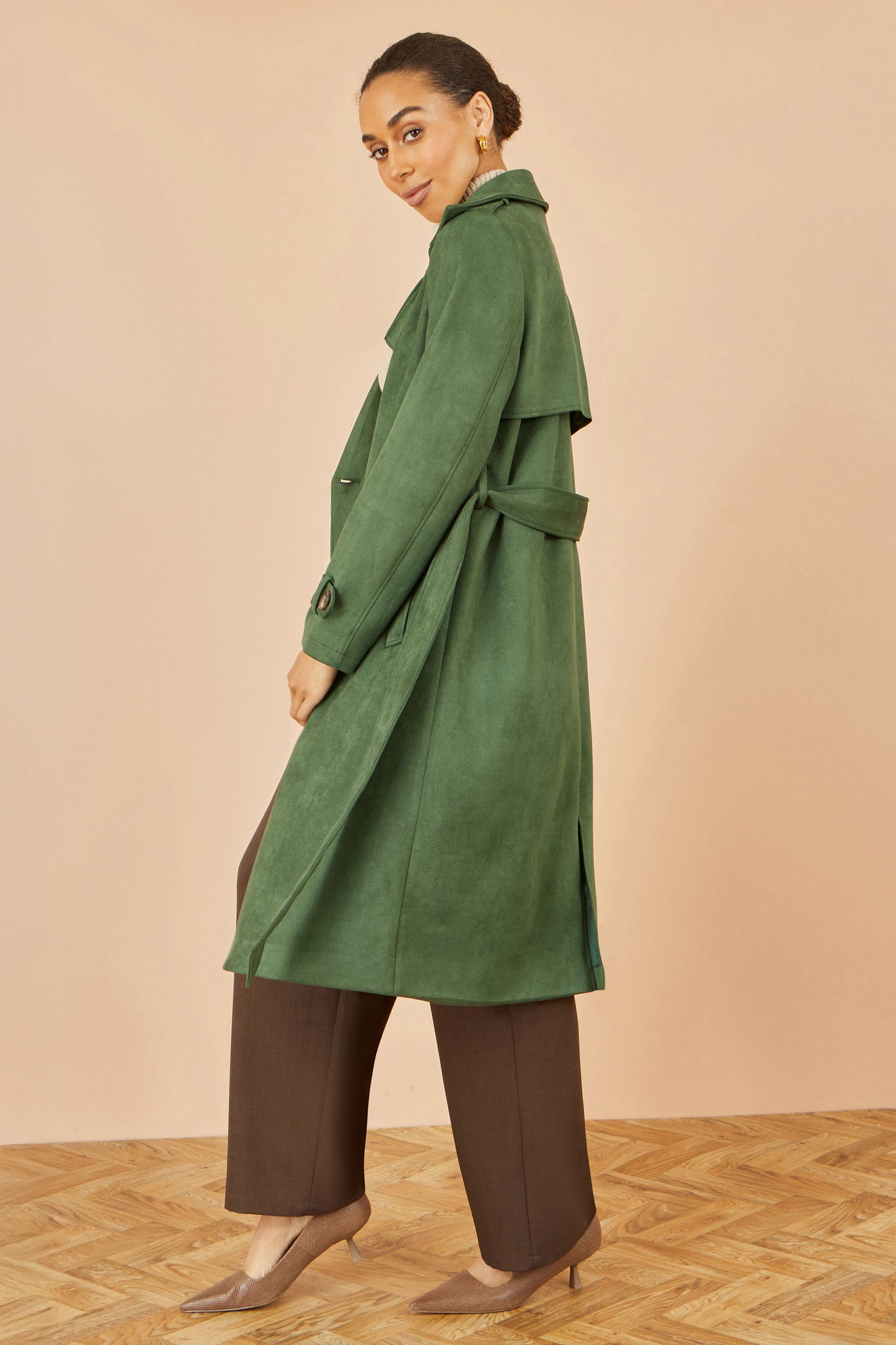 Yumi Green Faux Suede Trench Coat COAT Yumi