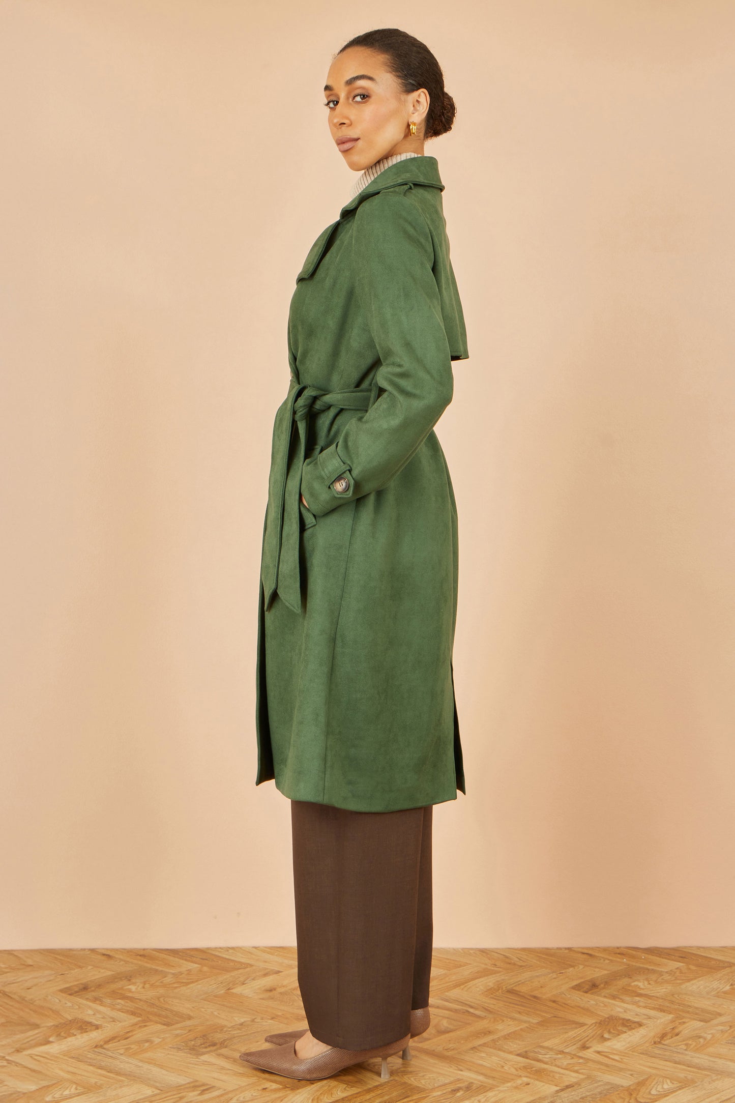 Yumi Green Faux Suede Trench Coat COAT Yumi