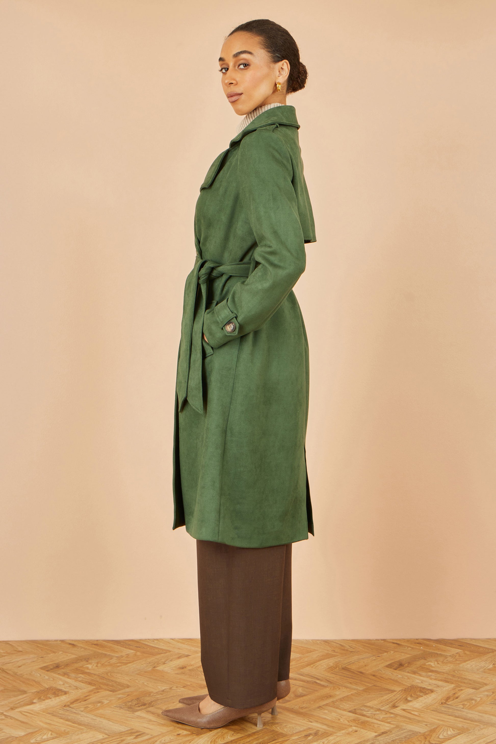 Yumi Green Faux Suede Trench Coat COAT Yumi