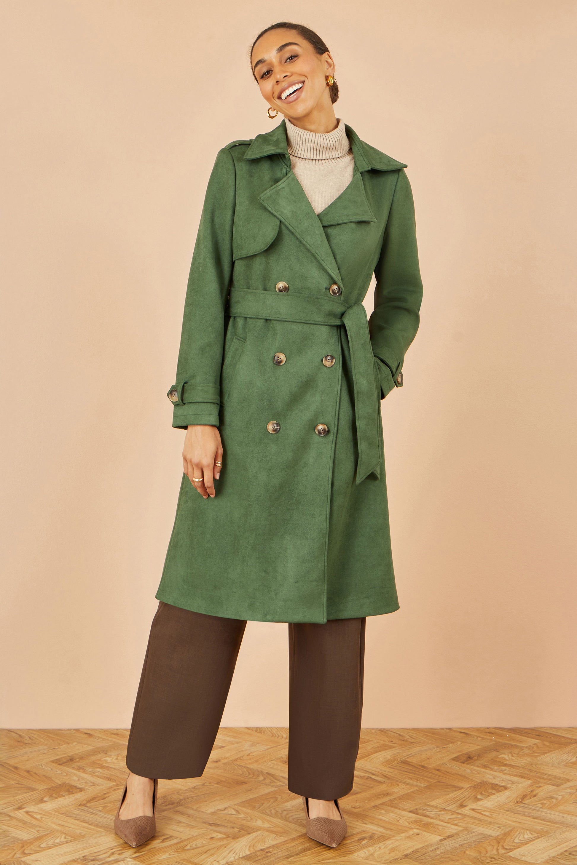Yumi Green Faux Suede Trench Coat COAT Yumi