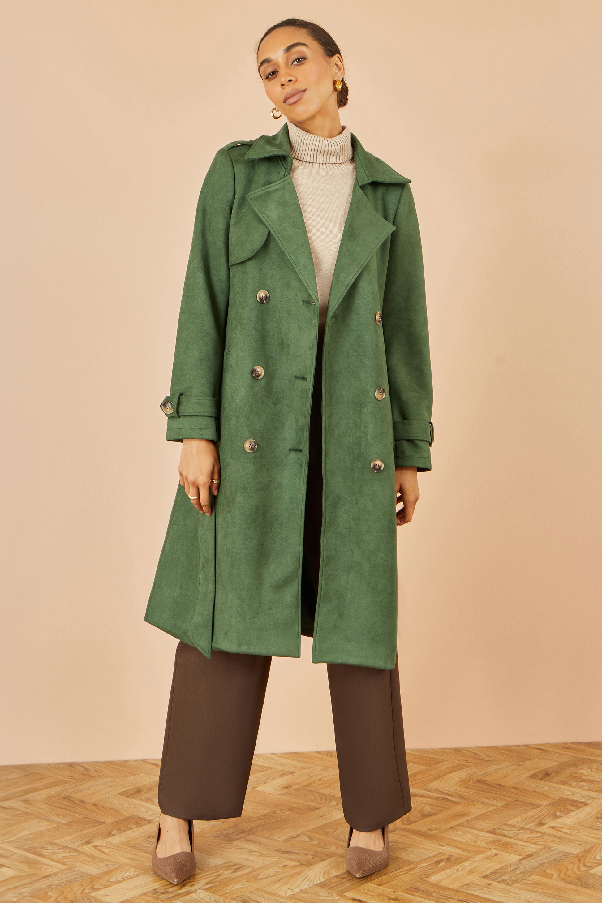 Yumi Green Faux Suede Trench Coat COAT Yumi