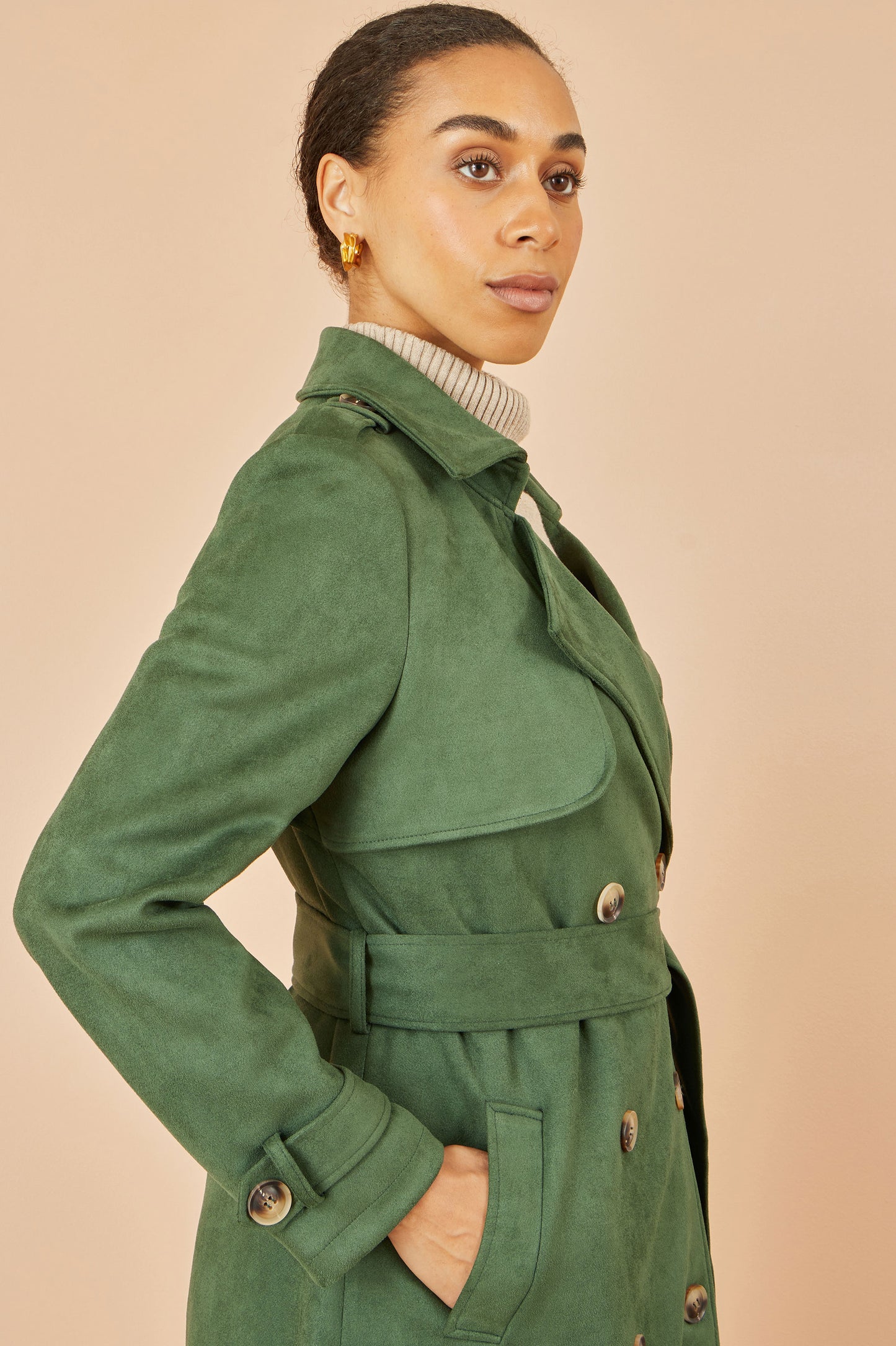 Yumi Green Faux Suede Trench Coat COAT Yumi