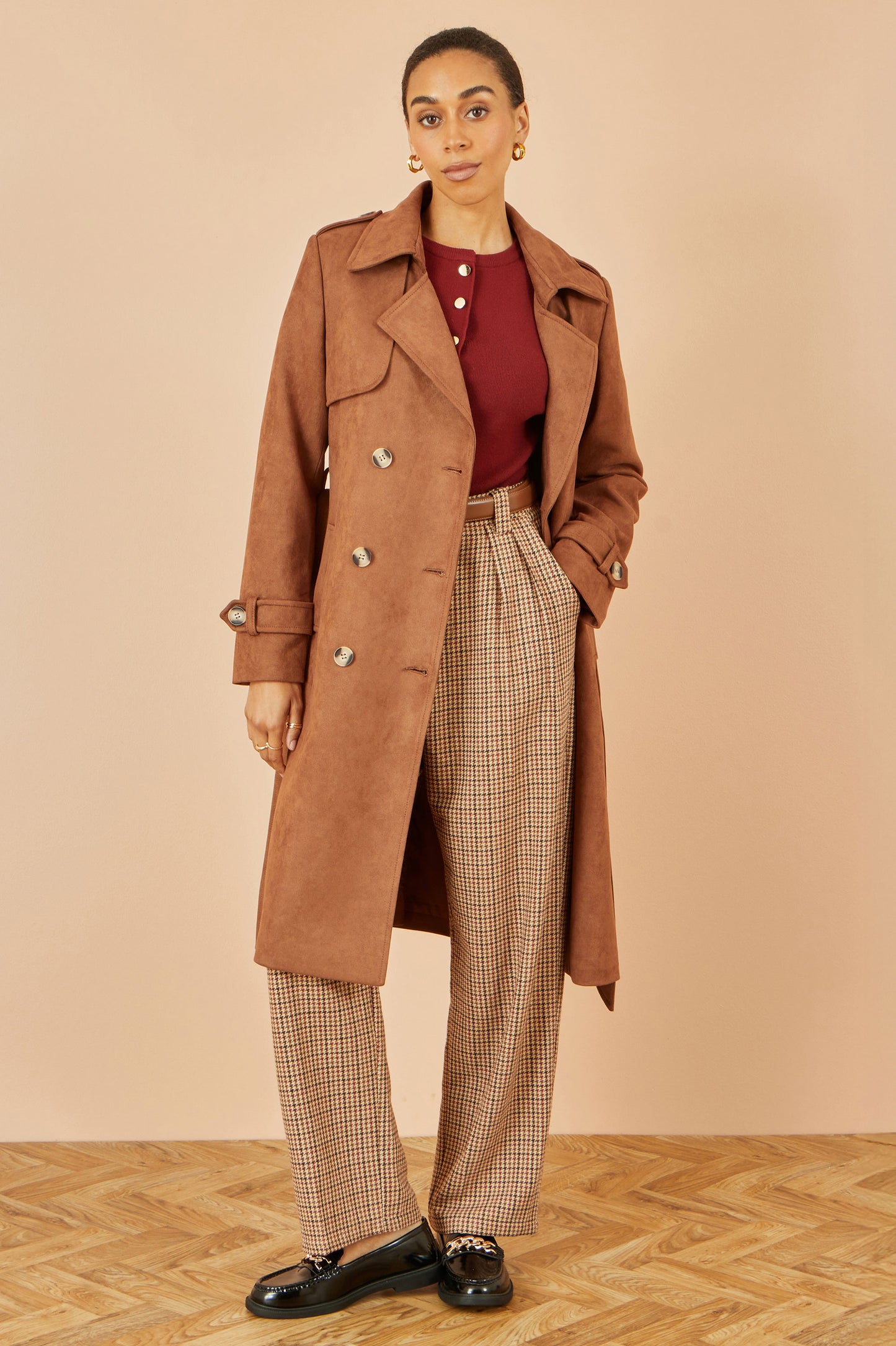 Yumi Brown Faux Suede Trench Coat COAT Yumi