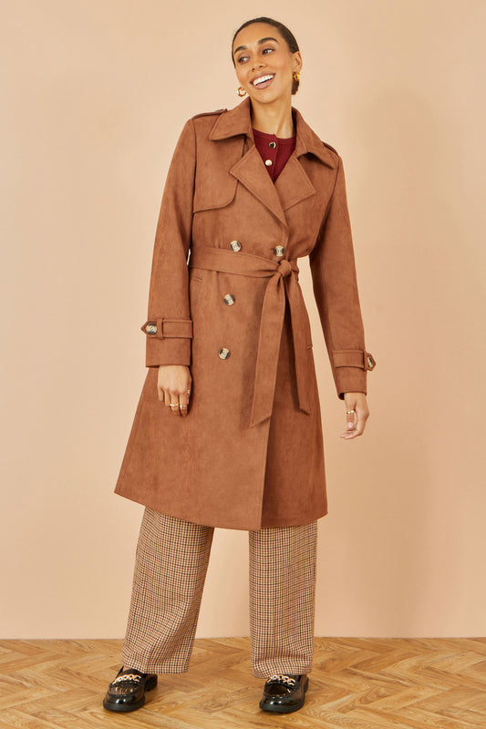 Yumi Brown Faux Suede Trench Coat COAT Yumi
