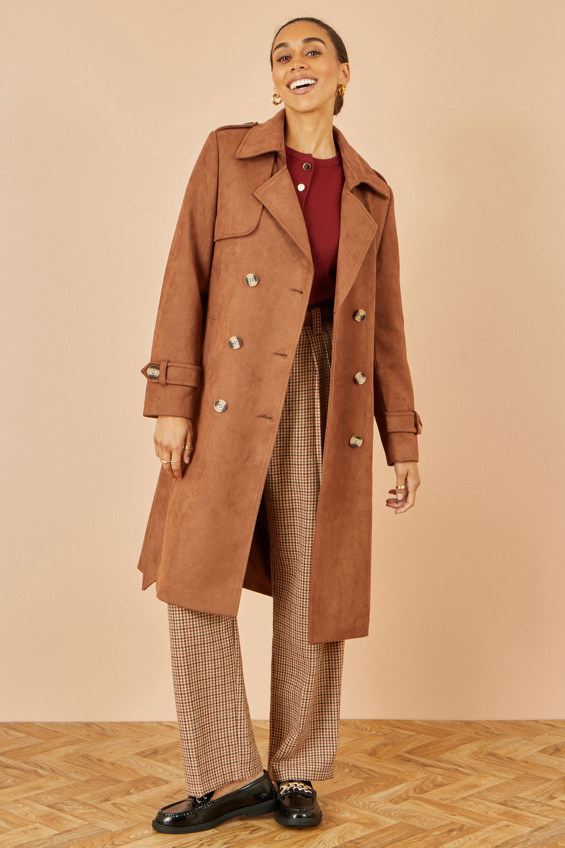 Yumi Brown Faux Suede Trench Coat COAT Yumi