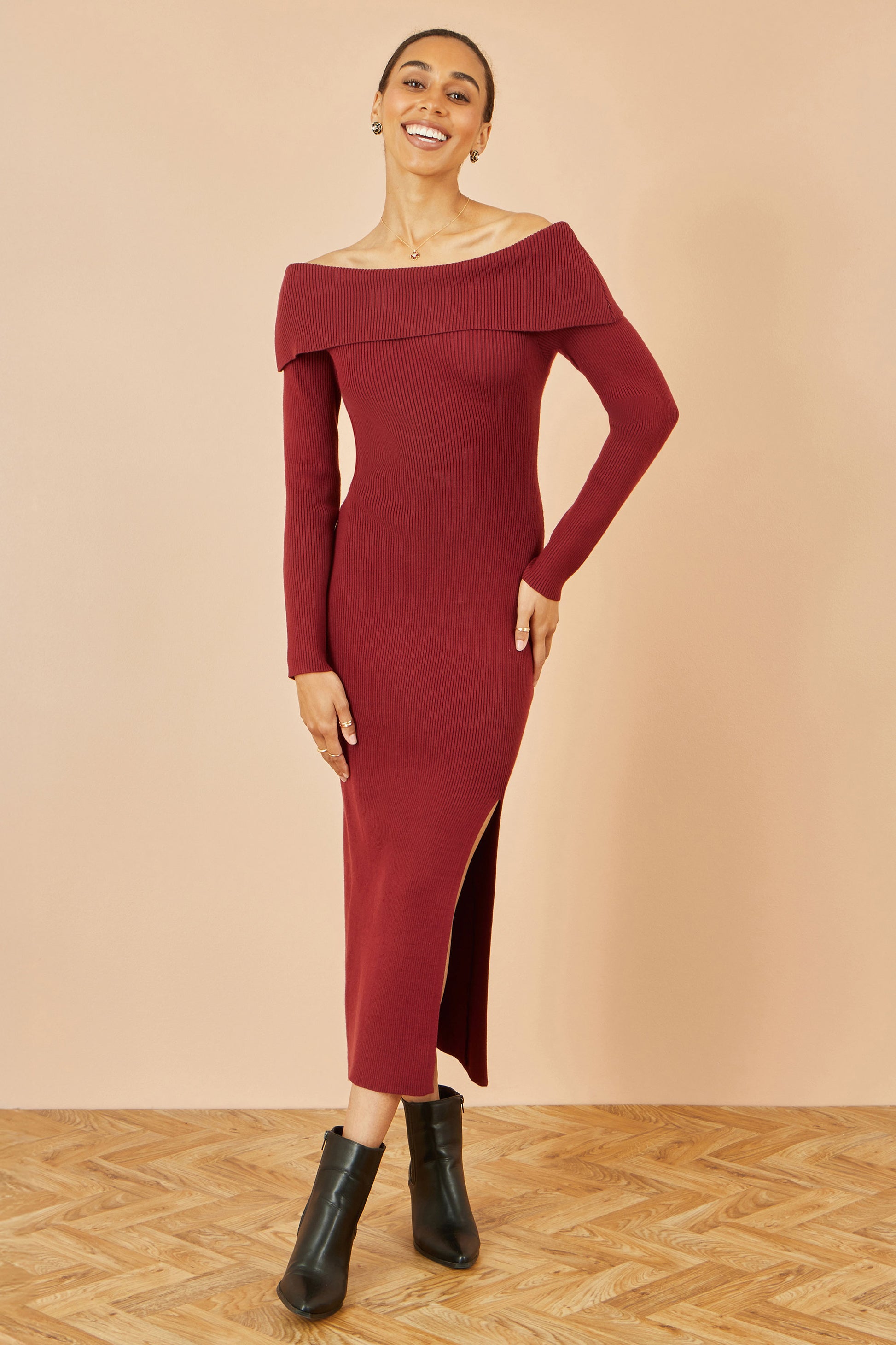 Yumi Burgundy Bardot Knitted Fitted Midi Dress Knit Dress Yumi
