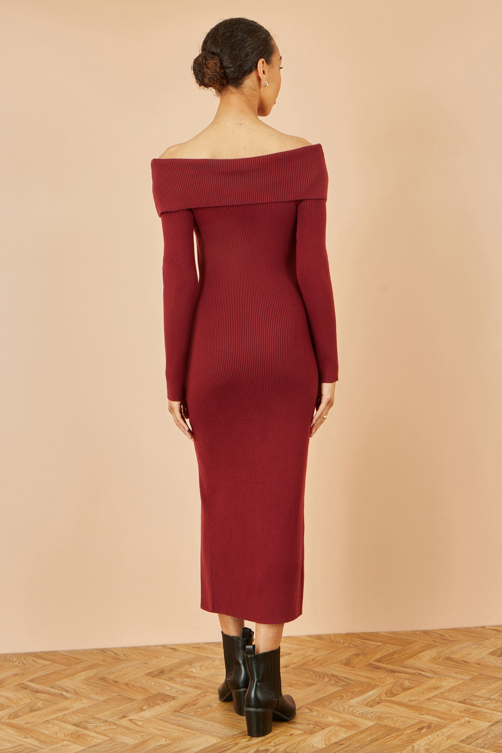 Yumi Burgundy Bardot Knitted Fitted Midi Dress Knit Dress Yumi