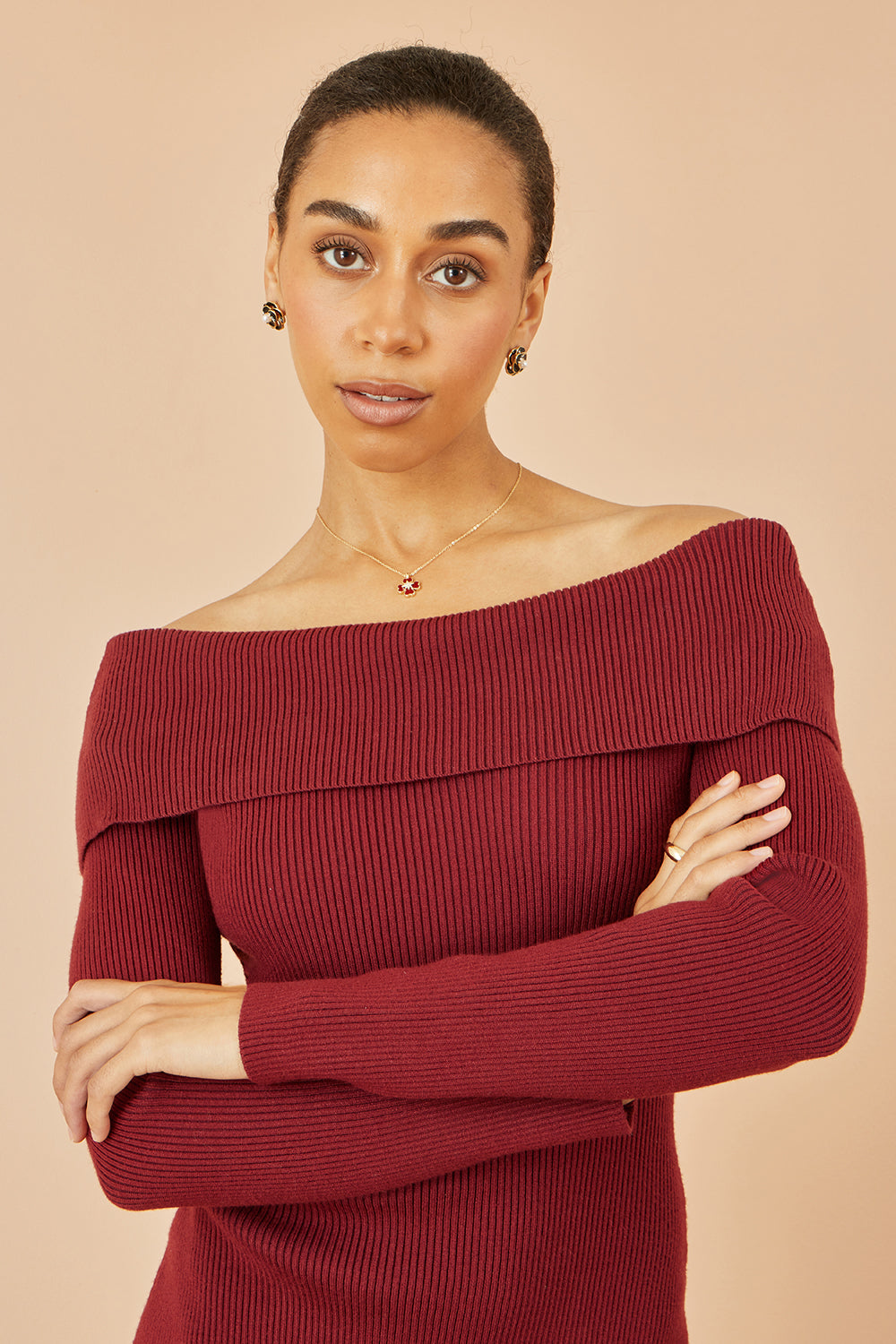 Yumi Burgundy Bardot Knitted Fitted Midi Dress | Yumi