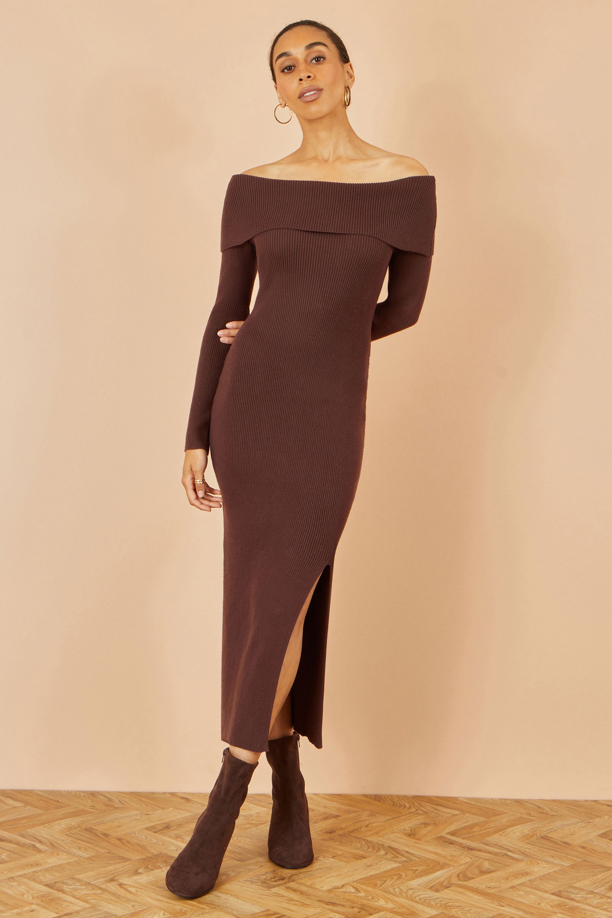Yumi Brown Bardot Knitted Fitted Midi Dress Knit Dress Yumi
