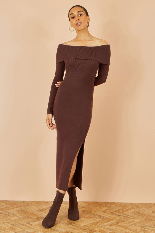 Yumi Brown Bardot Knitted Fitted Midi Dress Knit Dress Yumi
