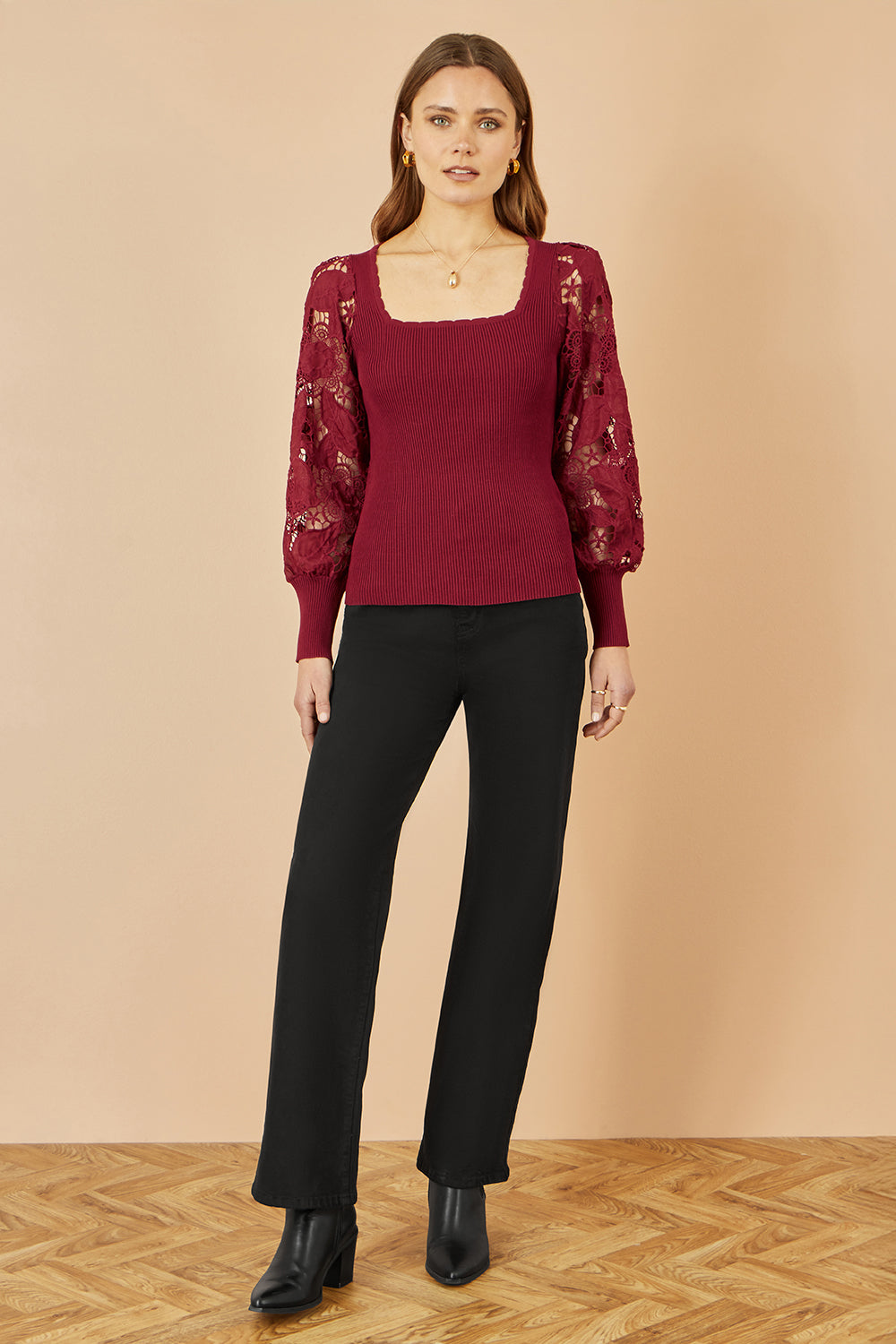 Yumi Burgundy Ribbed Knitted Top With Lace Sleeves Knit Jumper Yumi