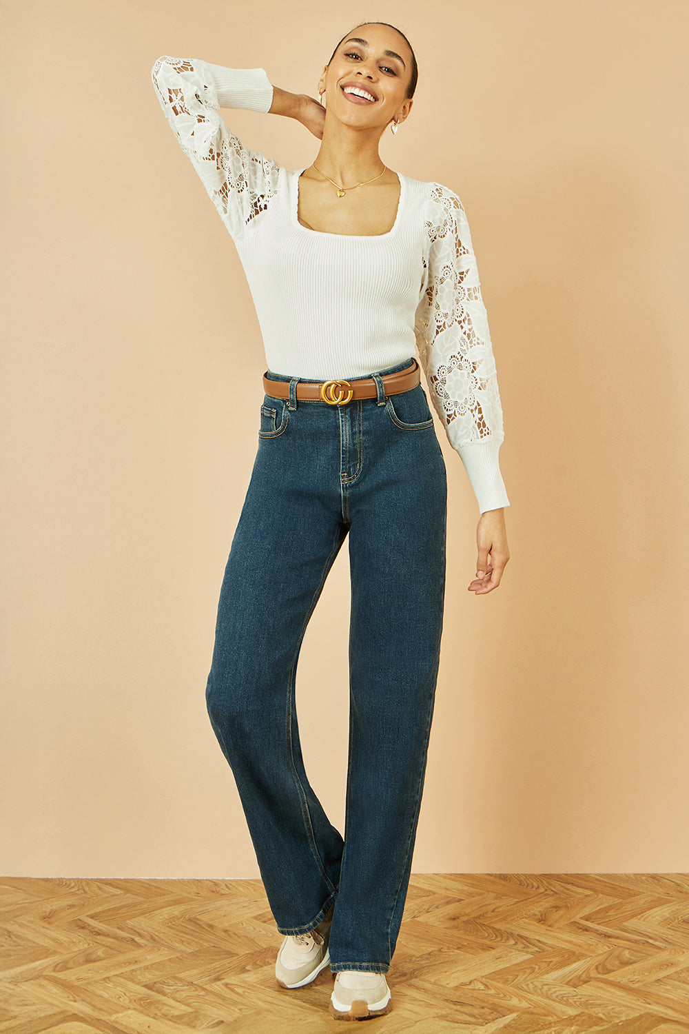 Yumi White Ribbed Knitted Top With Lace Sleeves Knit Jumper Yumi