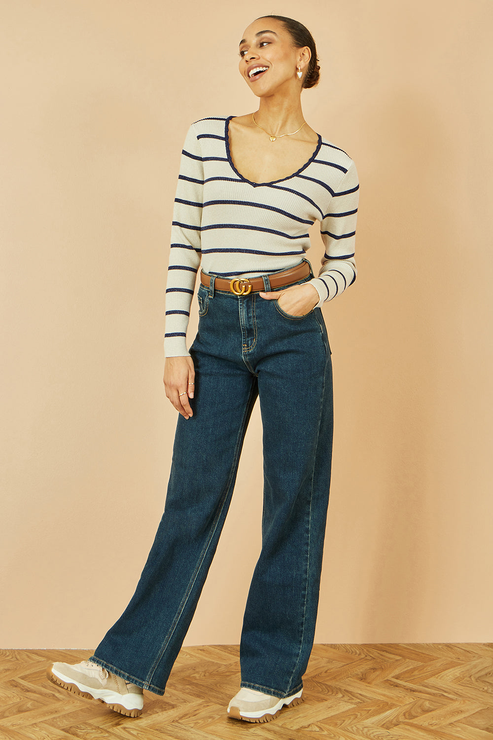 Yumi White Metallic Stripe Knitted Ribbed Top Knit Jumper Yumi