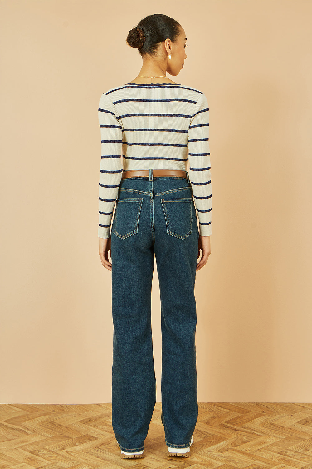 Yumi White Metallic Stripe Knitted Ribbed Top Knit Jumper Yumi