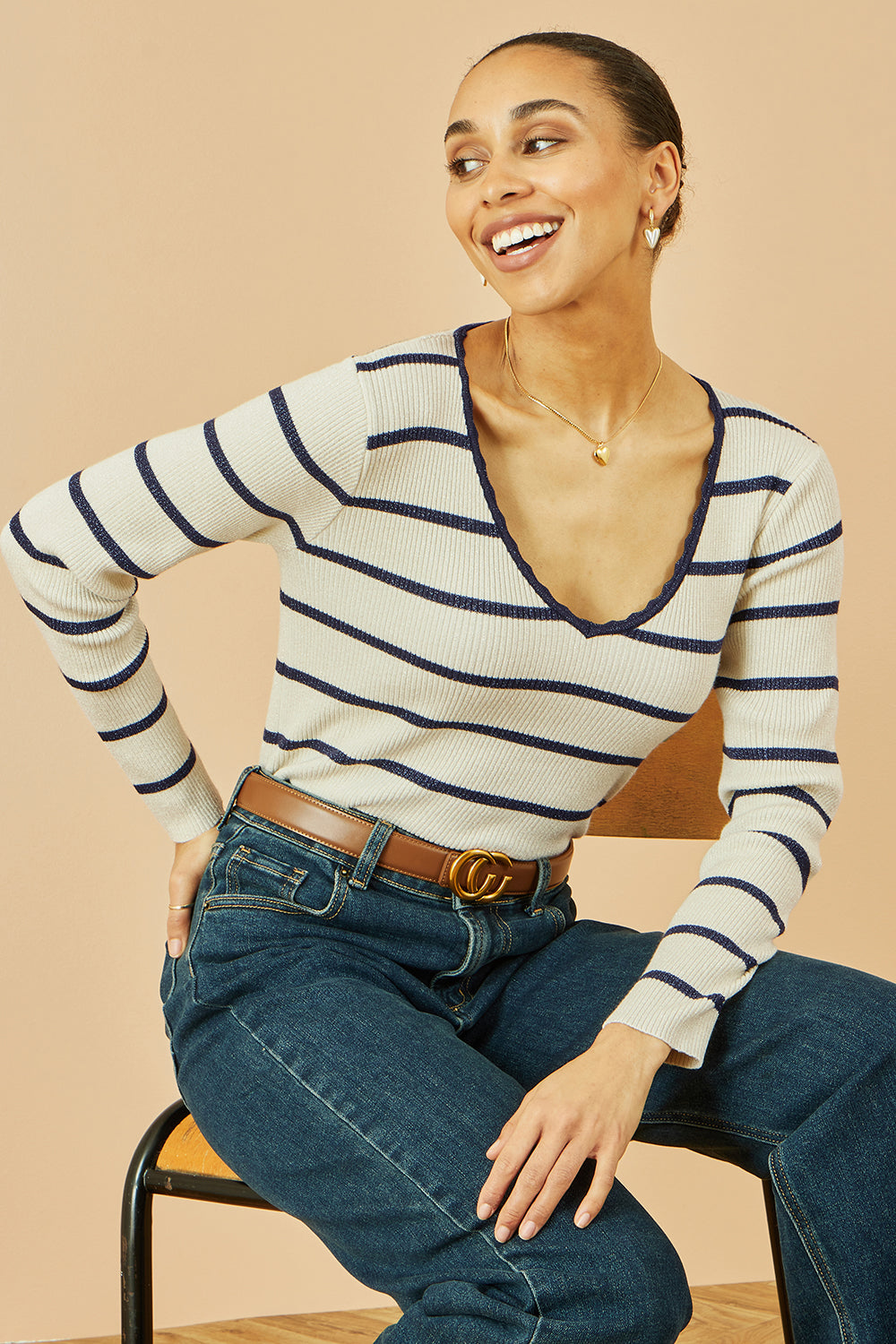 Yumi White Metallic Stripe Knitted Ribbed Top Knit Jumper Yumi