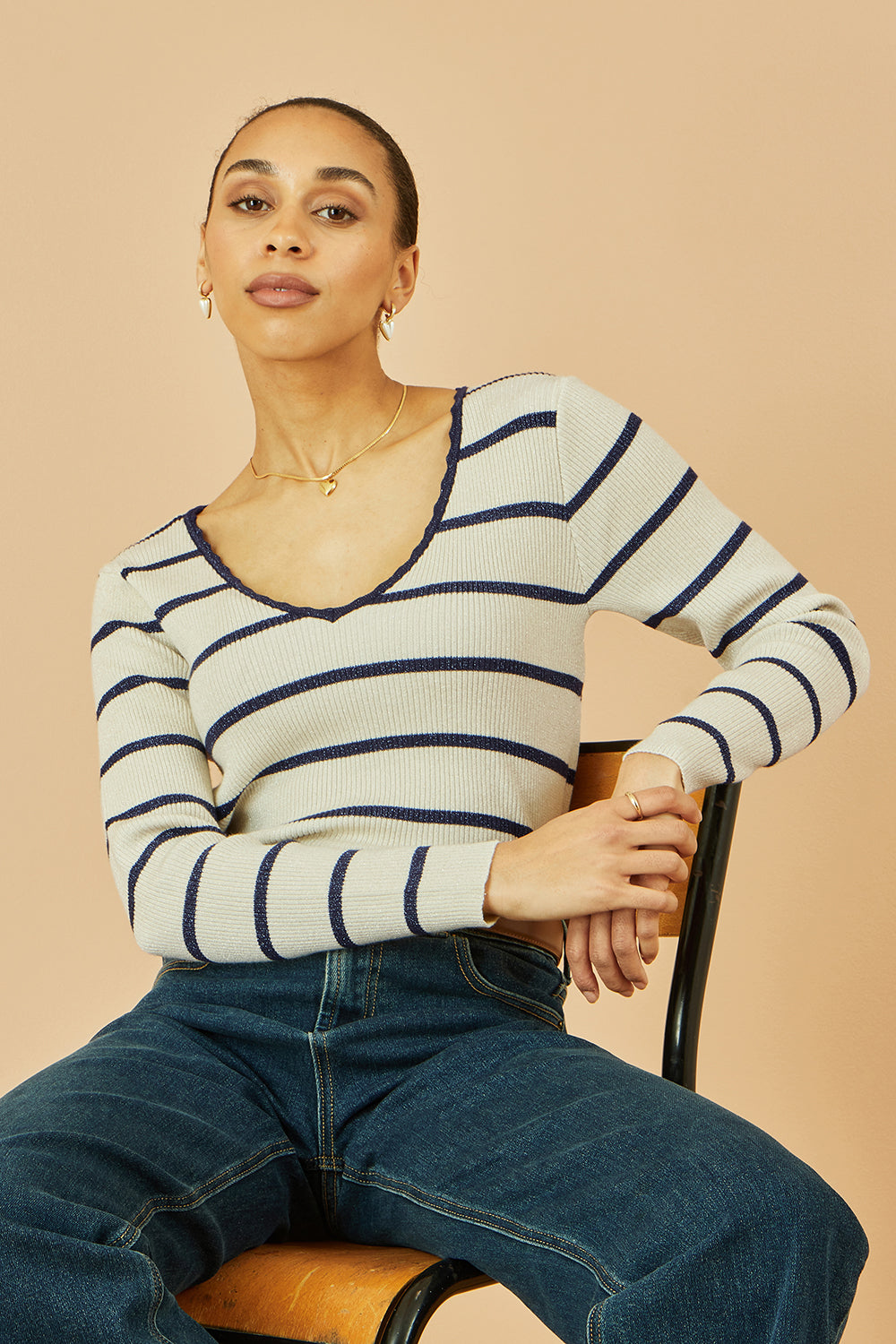 Yumi White Metallic Stripe Knitted Ribbed Top Knit Jumper Yumi