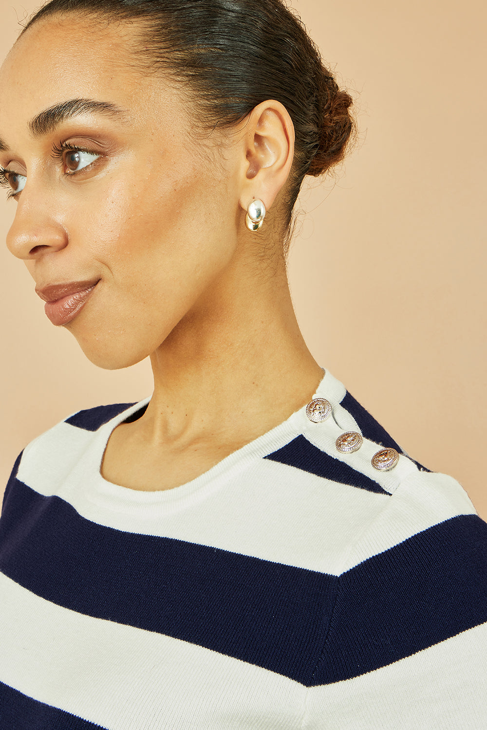 Yumi Navy Block Stripe Knitted Top With Button Details Knit Jumper Yumi