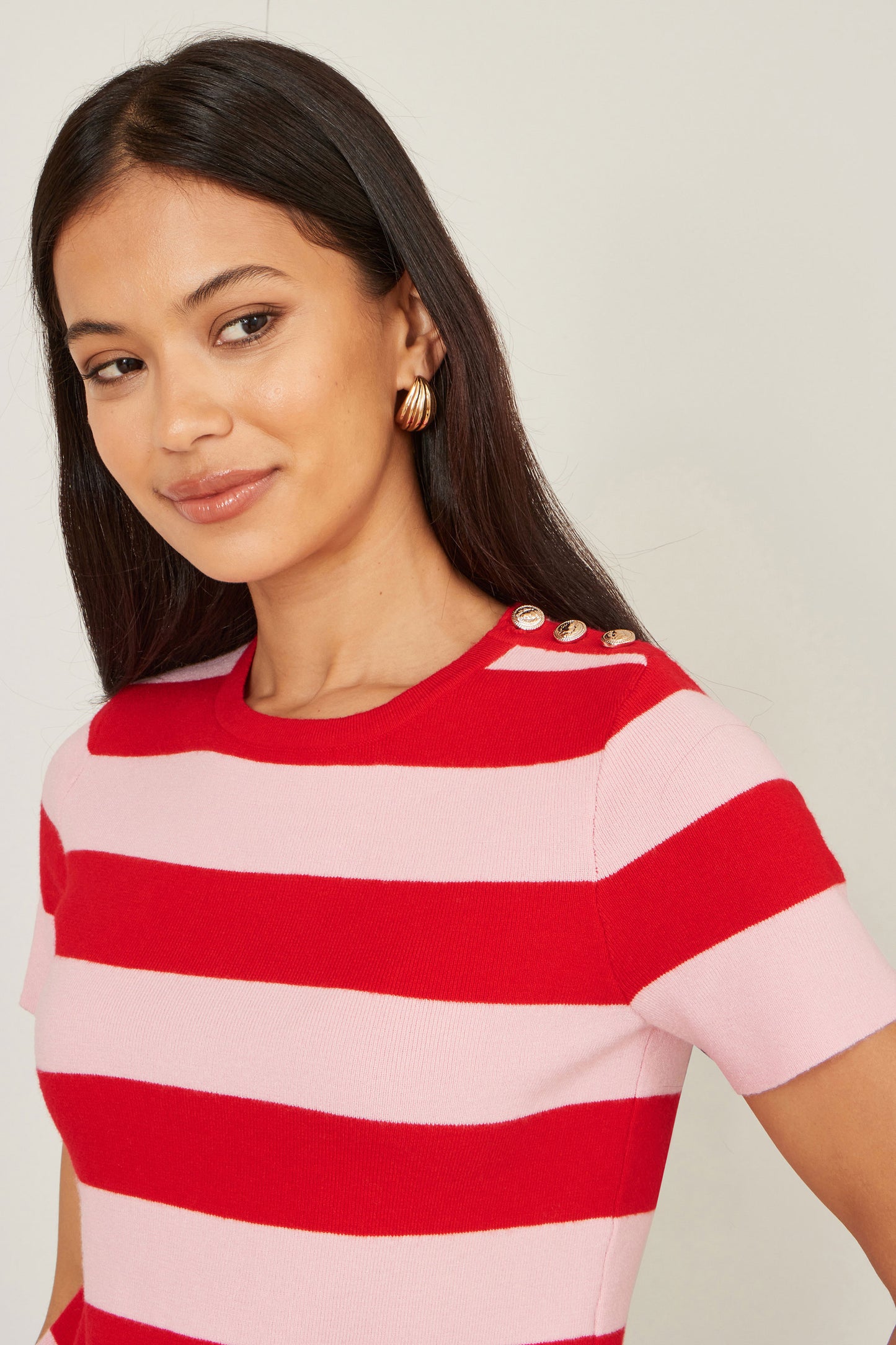 Yumi Red Block Stripe Knitted Top With Button Details