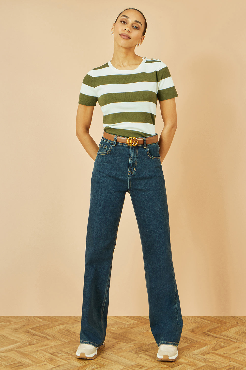 Yumi Green Block Stripe Knitted Top With Button Details Knit Jumper Yumi