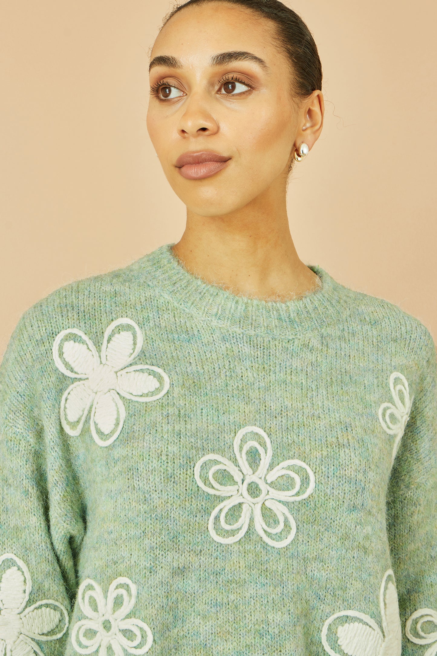 Yumi Green Relaxed Knitted Jumper With Crochet Flowers Knit Jumper Yumi