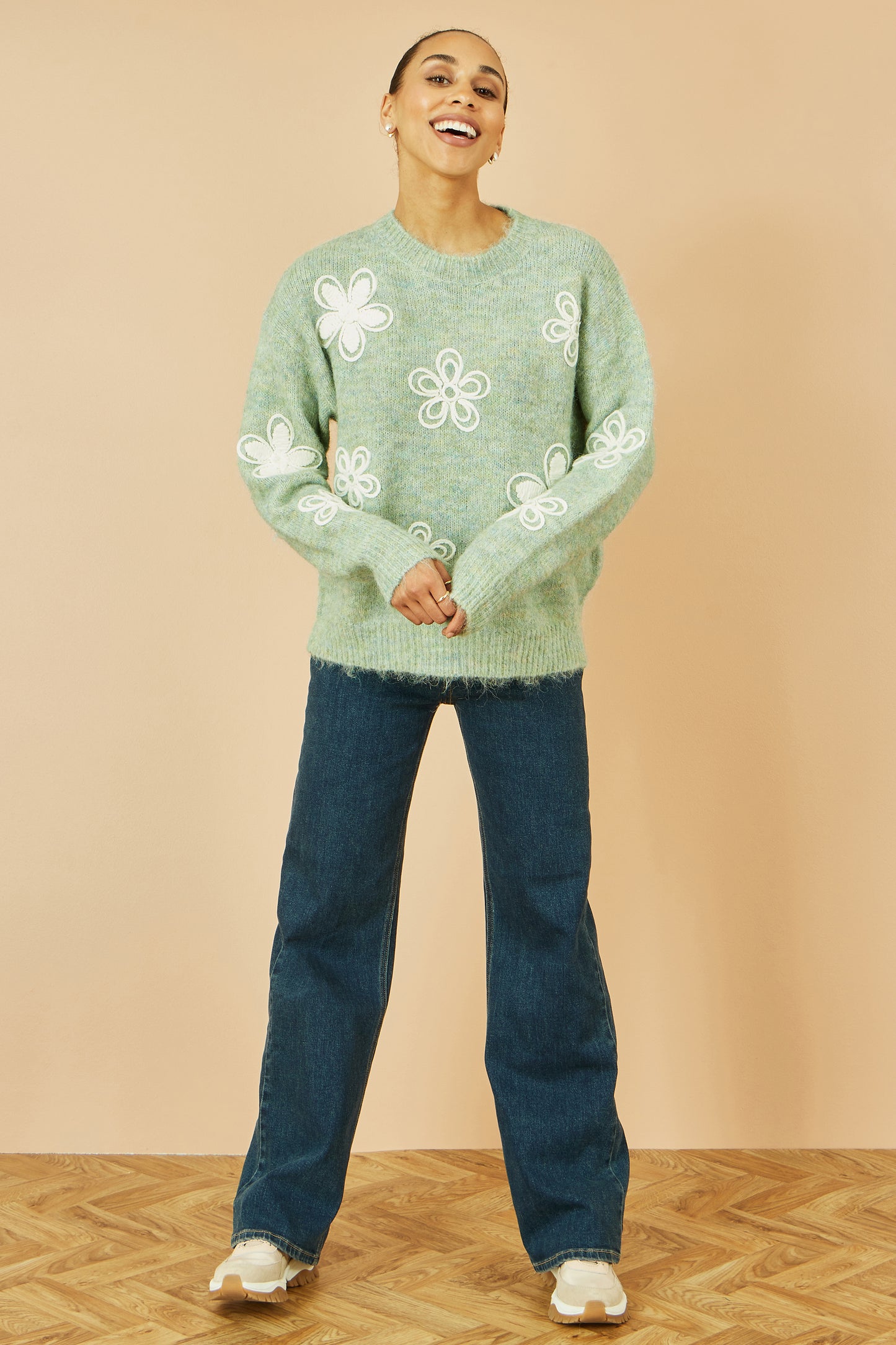 Yumi Green Relaxed Knitted Jumper With Crochet Flowers Knit Jumper Yumi