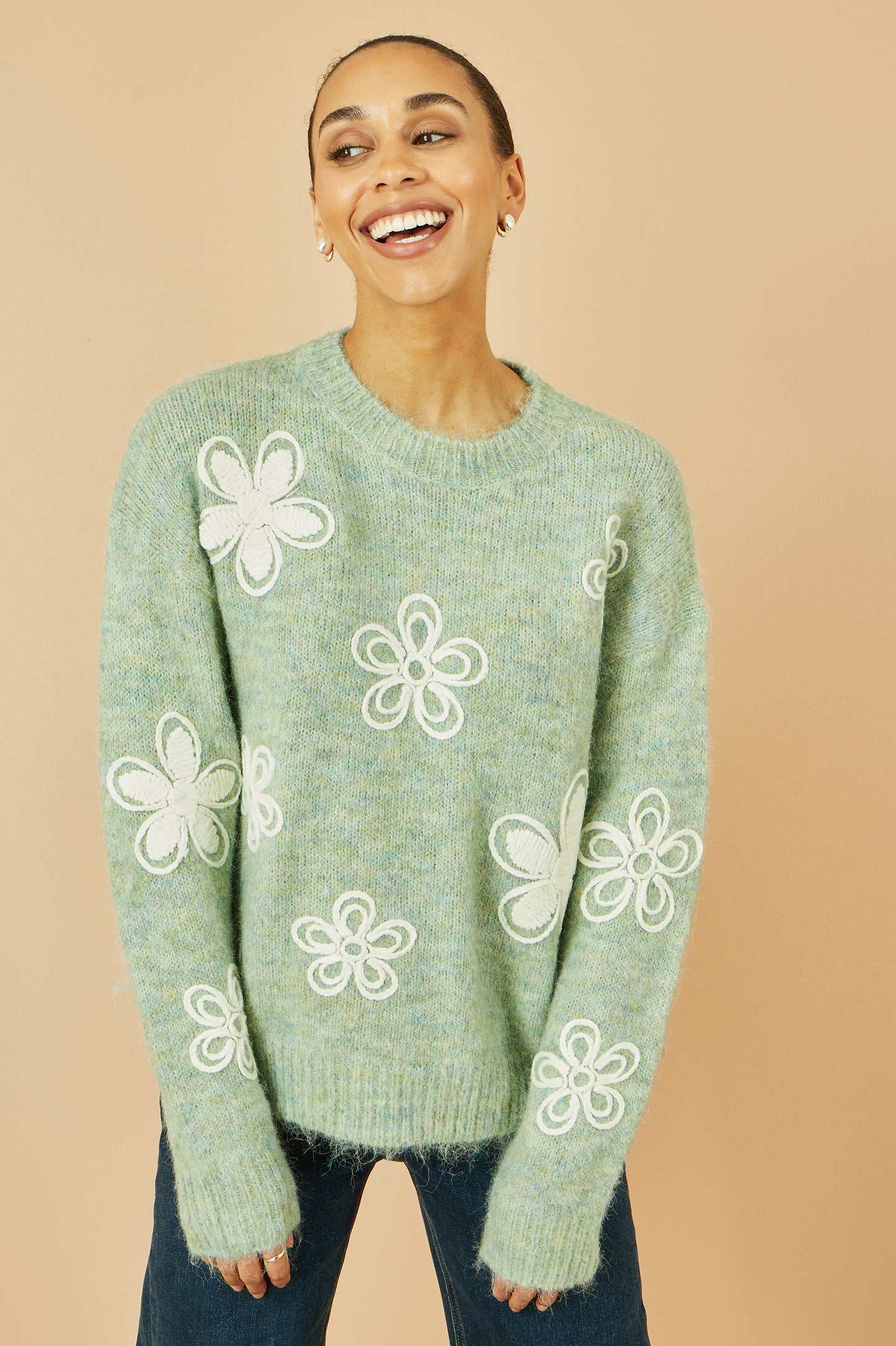 Yumi Green Relaxed Knitted Jumper With Crochet Flowers Knit Jumper Yumi