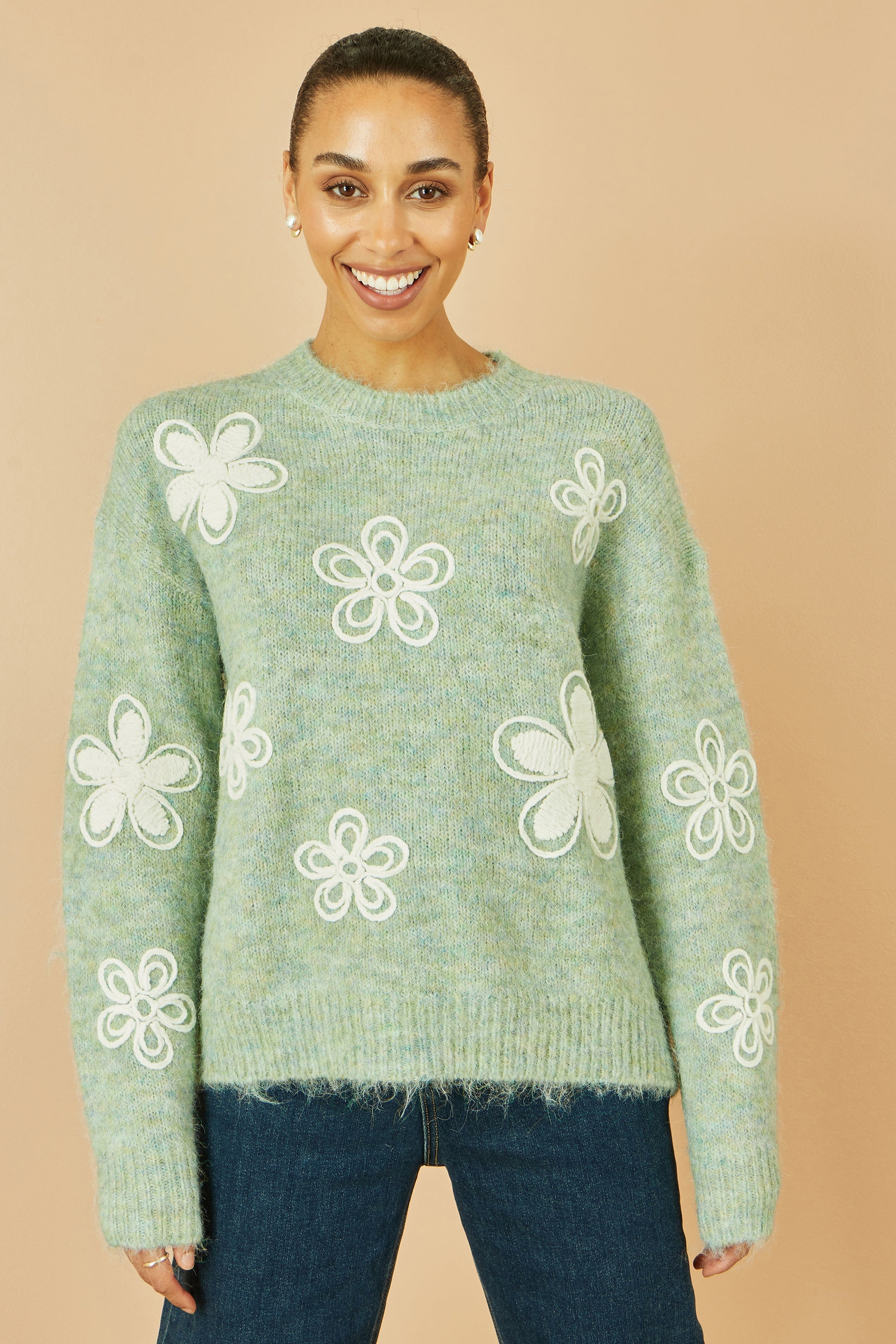 Yumi Green Relaxed Knitted Jumper With Crochet Flowers Knit Jumper Yumi