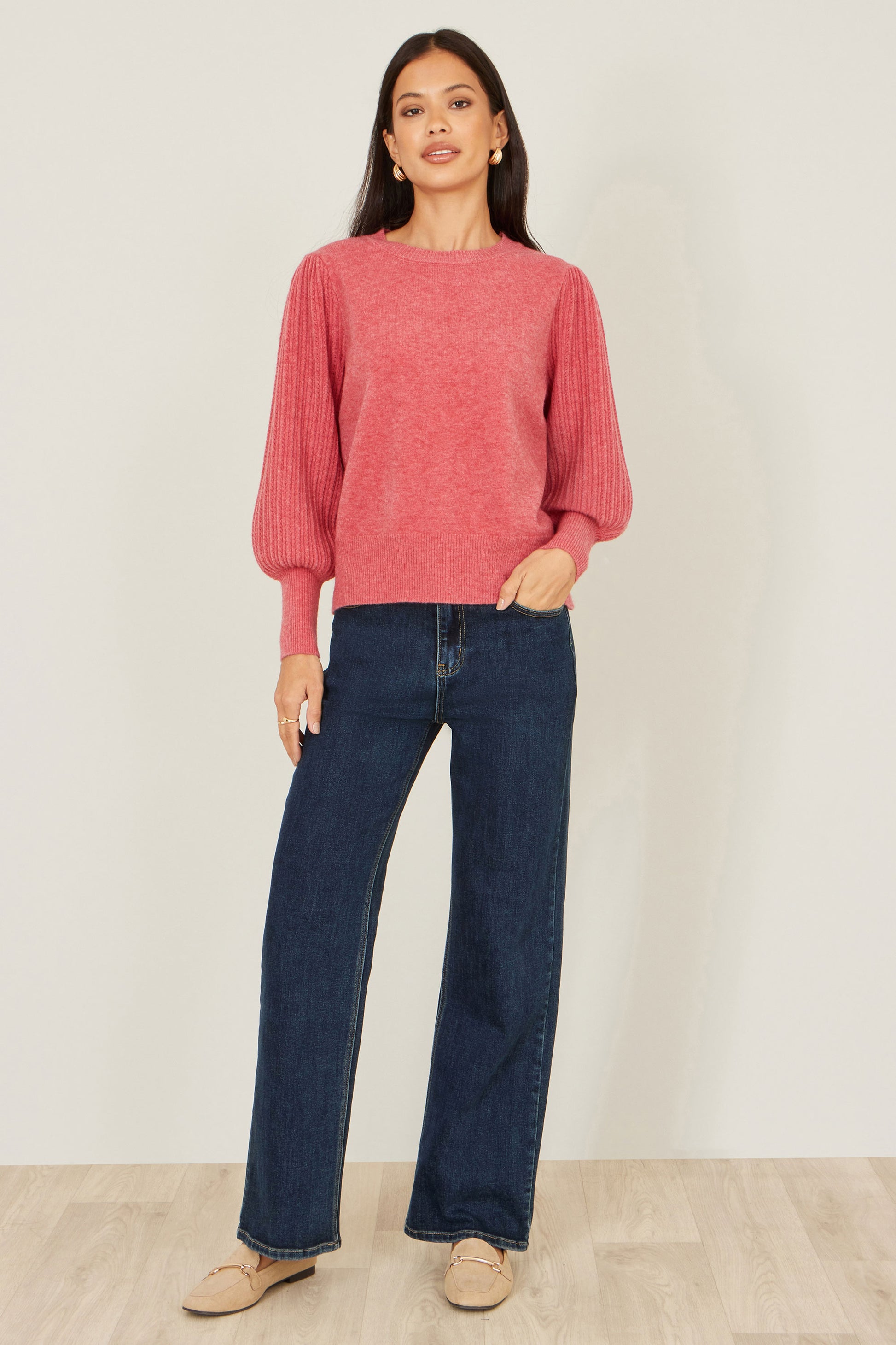 Yumi Pink Knitted Balloon Sleeve Jumper Knit Jumper Yumi
