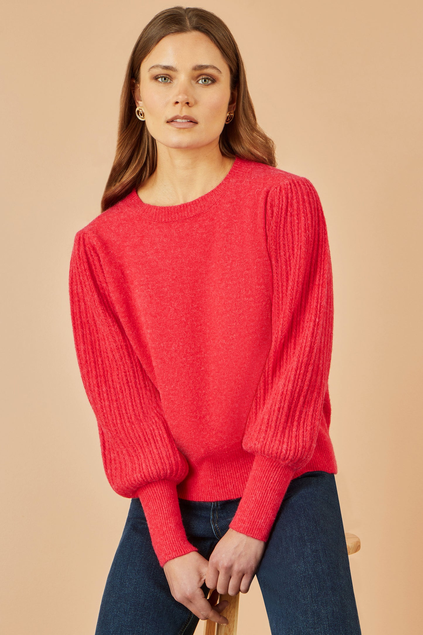 Yumi Red Knitted Balloon Sleeve Textured Jumper Knit Xmas Jumper Yumi