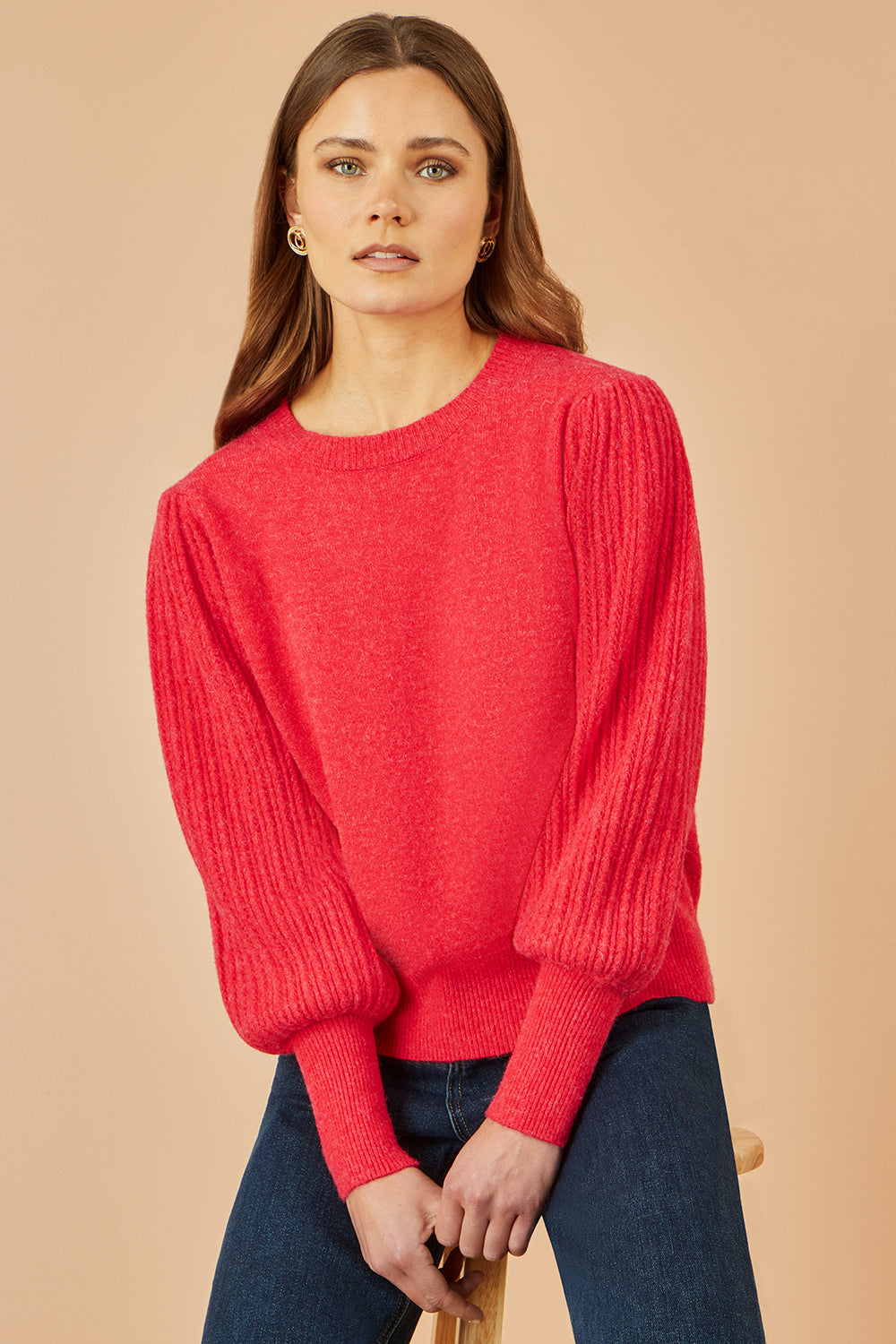 Yumi Red Knitted Balloon Sleeve Textured Jumper Knit Xmas Jumper Yumi