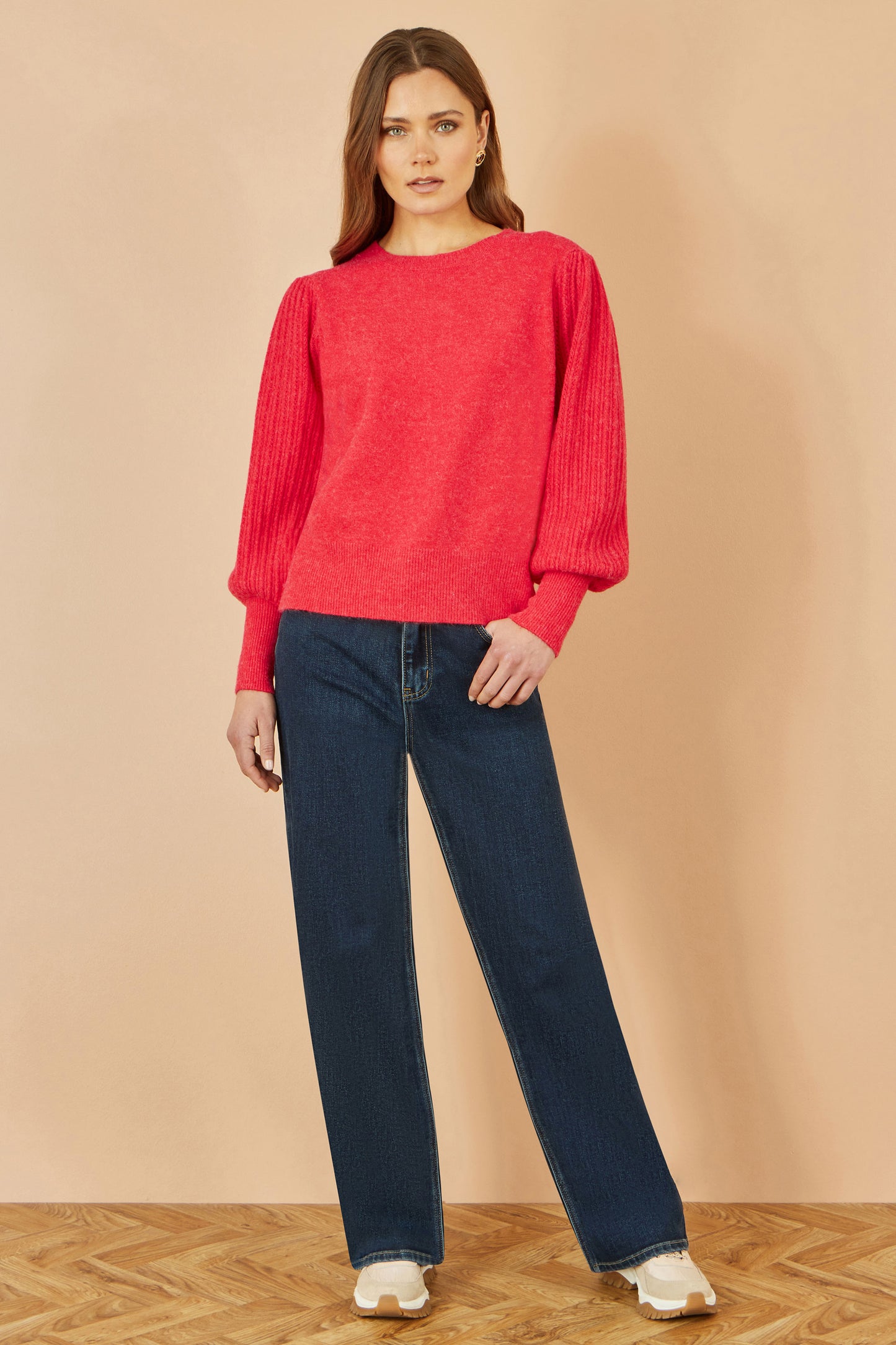 Yumi Red Knitted Balloon Sleeve Textured Jumper Knit Xmas Jumper Yumi
