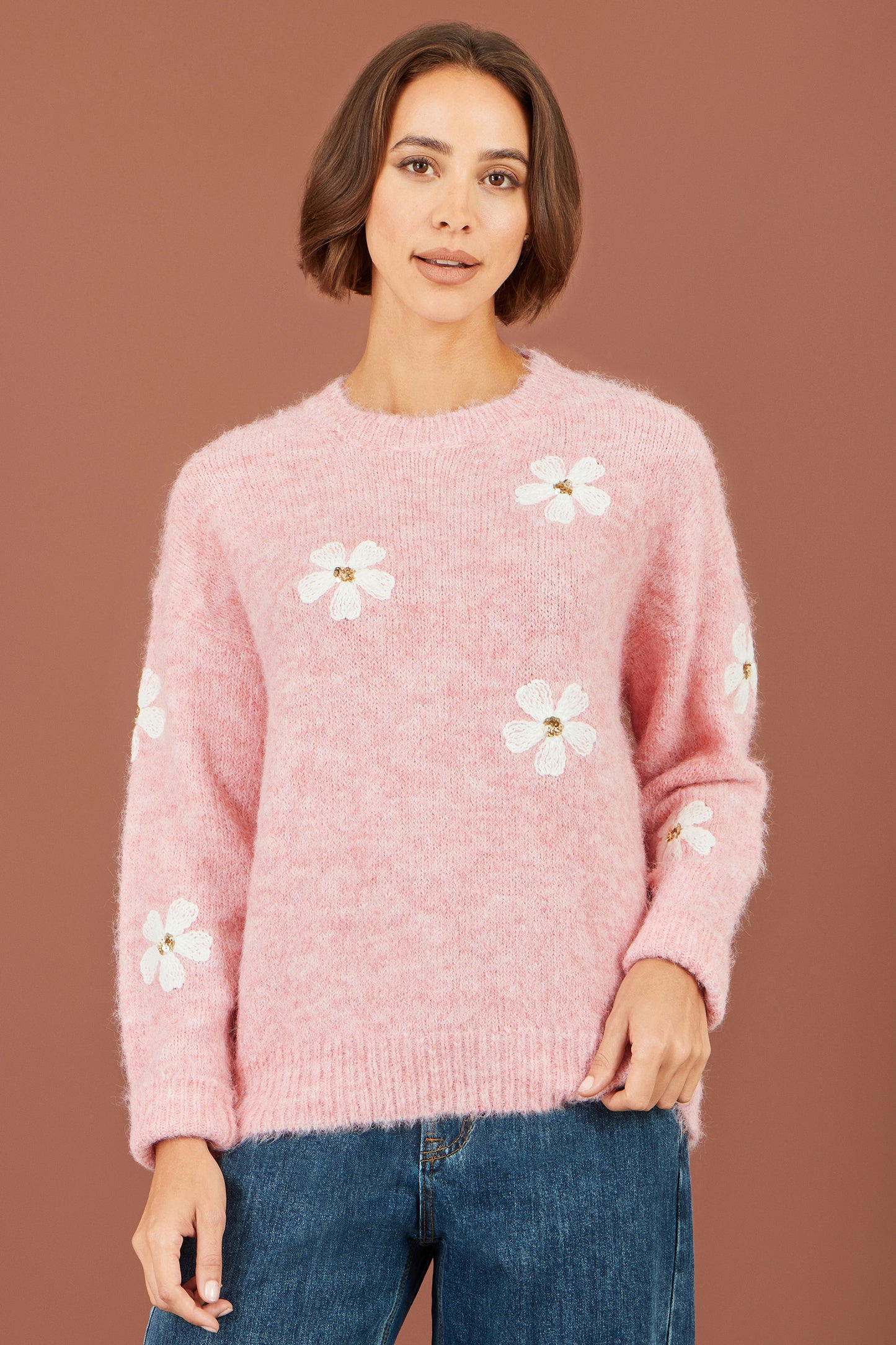 Yumi Pink Relaxed Jumper With Crochet Flowers Knit Jumper Yumi