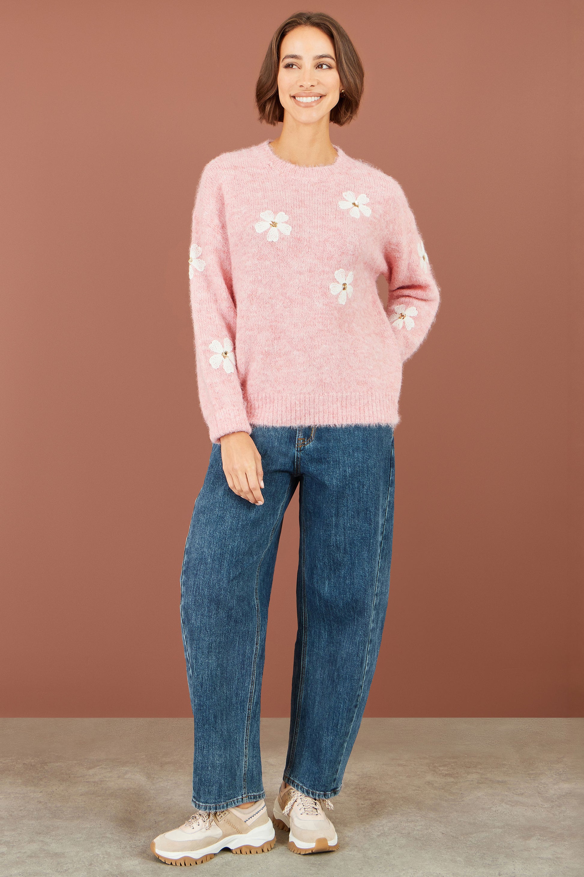 Yumi Pink Relaxed Jumper With Crochet Flowers Knit Jumper Yumi