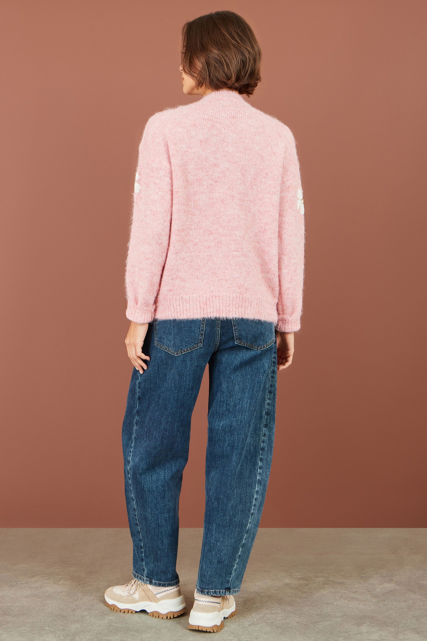 Yumi Pink Relaxed Jumper With Crochet Flowers Knit Jumper Yumi