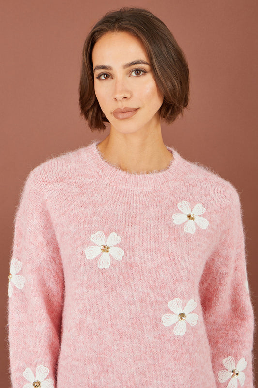 Yumi Pink Relaxed Jumper With Crochet Flowers Knit Jumper Yumi
