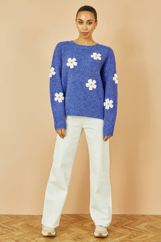 Yumi Blue Relaxed Jumper With Crochet Flowers Knit Jumper Yumi