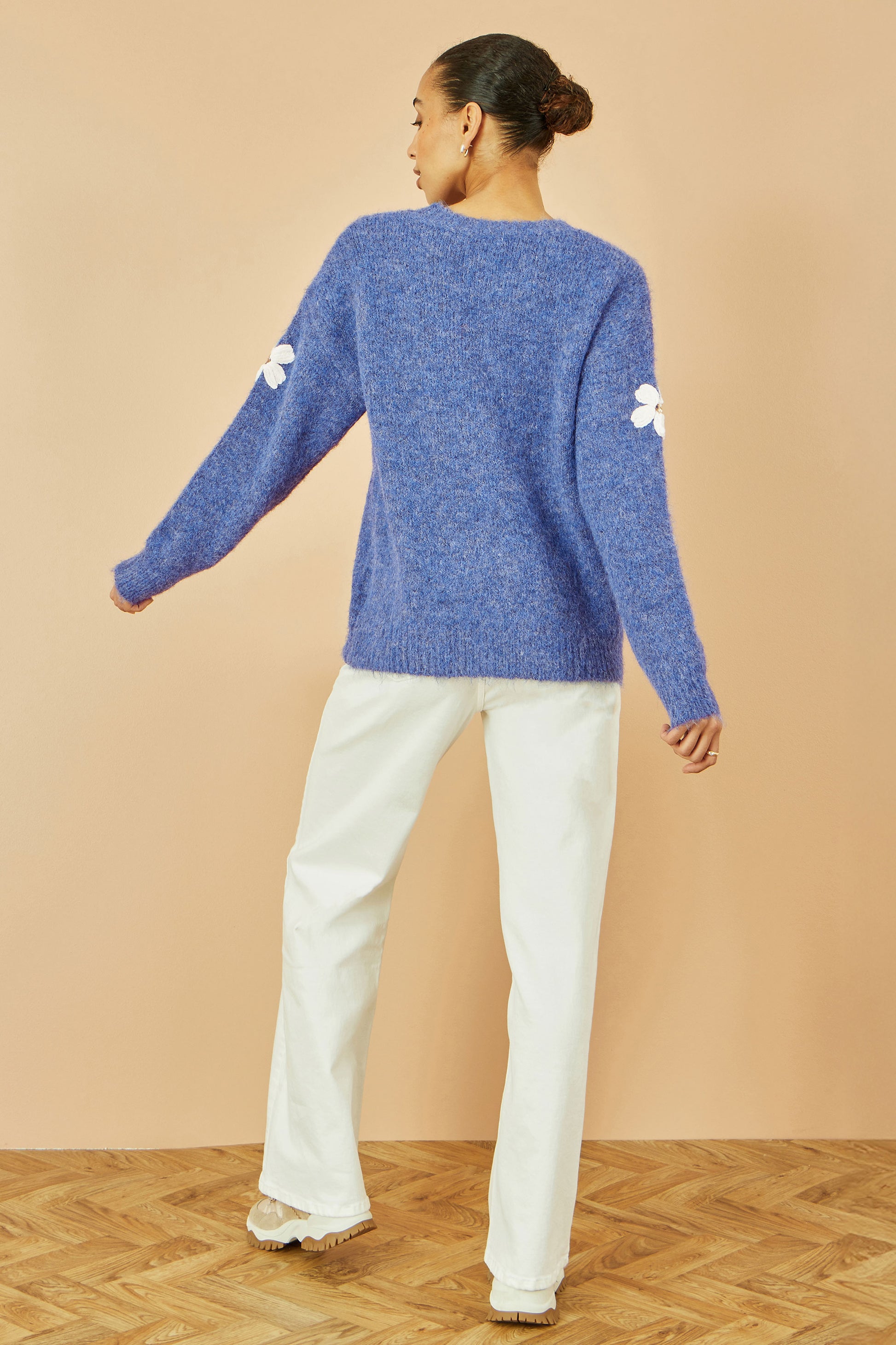 Yumi Blue Relaxed Jumper With Crochet Flowers Knit Jumper Yumi