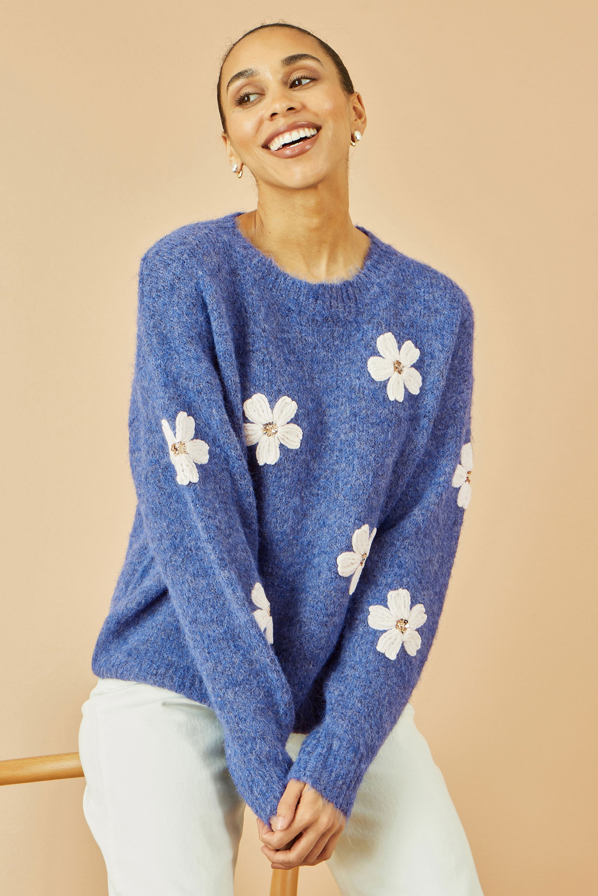Yumi Blue Relaxed Jumper With Crochet Flowers Knit Jumper Yumi