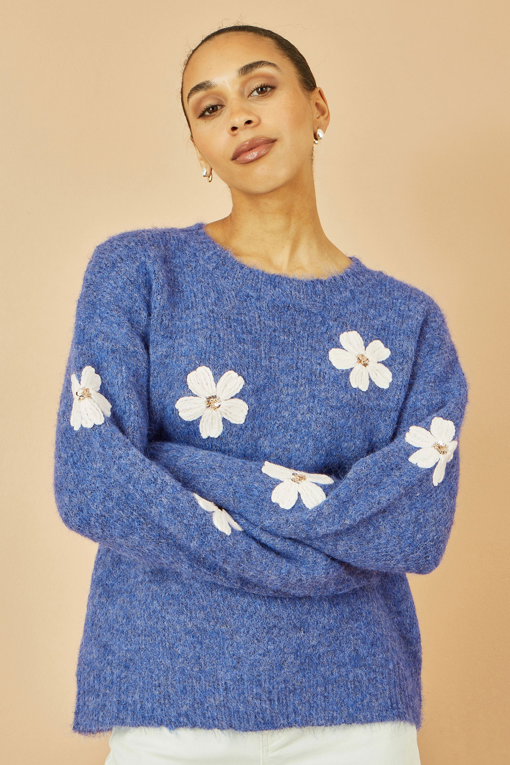 Yumi Blue Relaxed Jumper With Crochet Flowers Knit Jumper Yumi